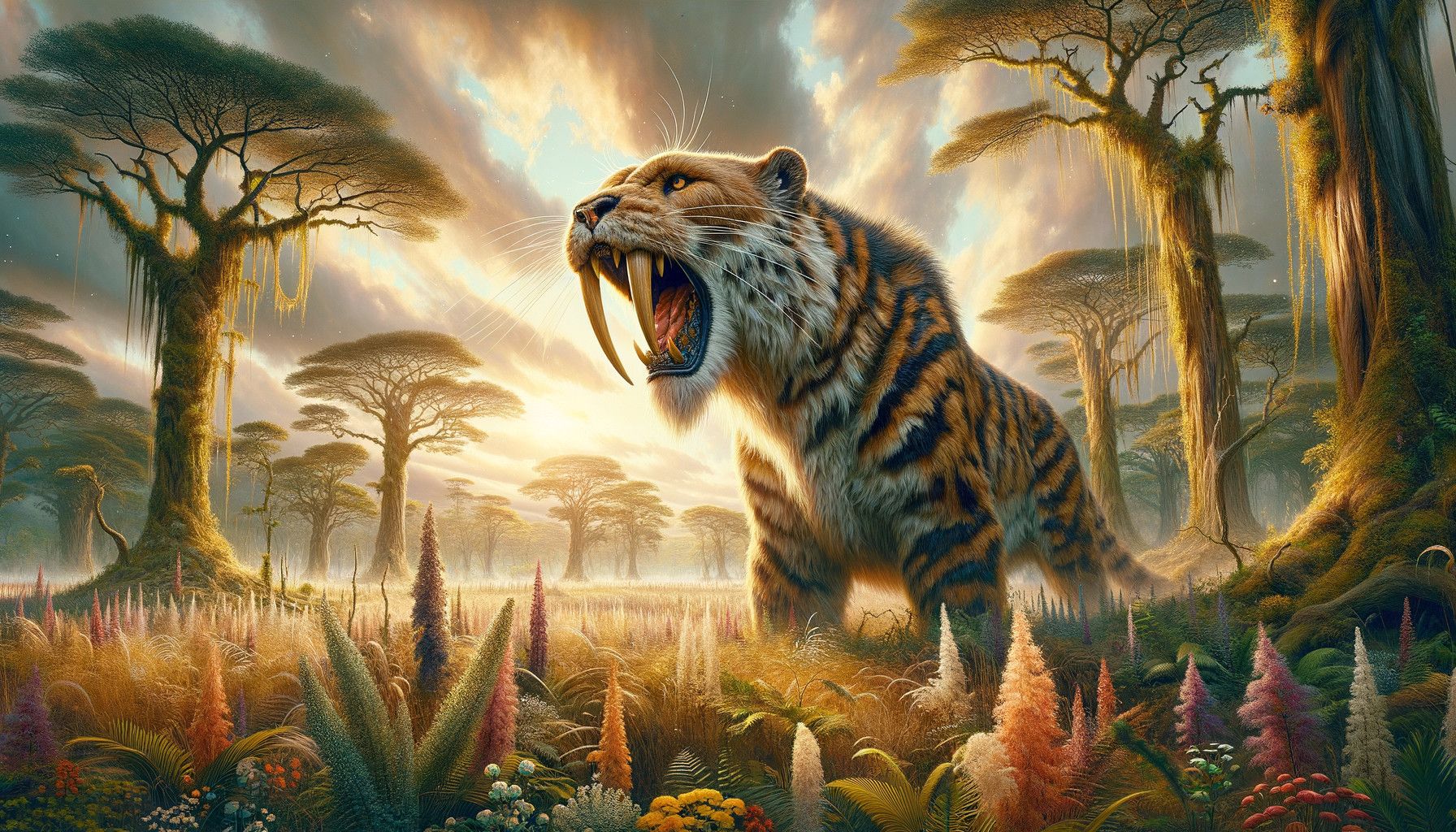1792x1024 Majestic tiger in vibrant landscape with exotic flora. Deep Dream Generator