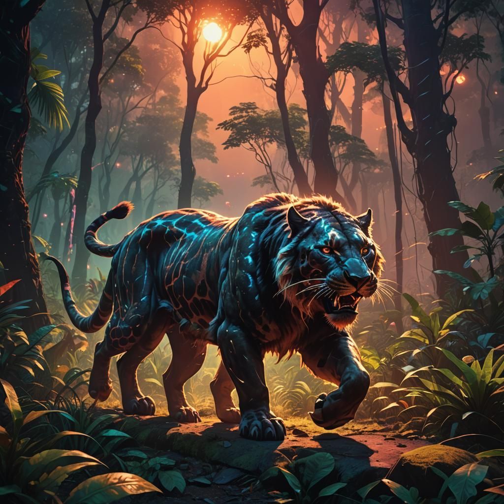 1024x1024 Smilodon Silhouette Hunting in Jungle at Sunrise