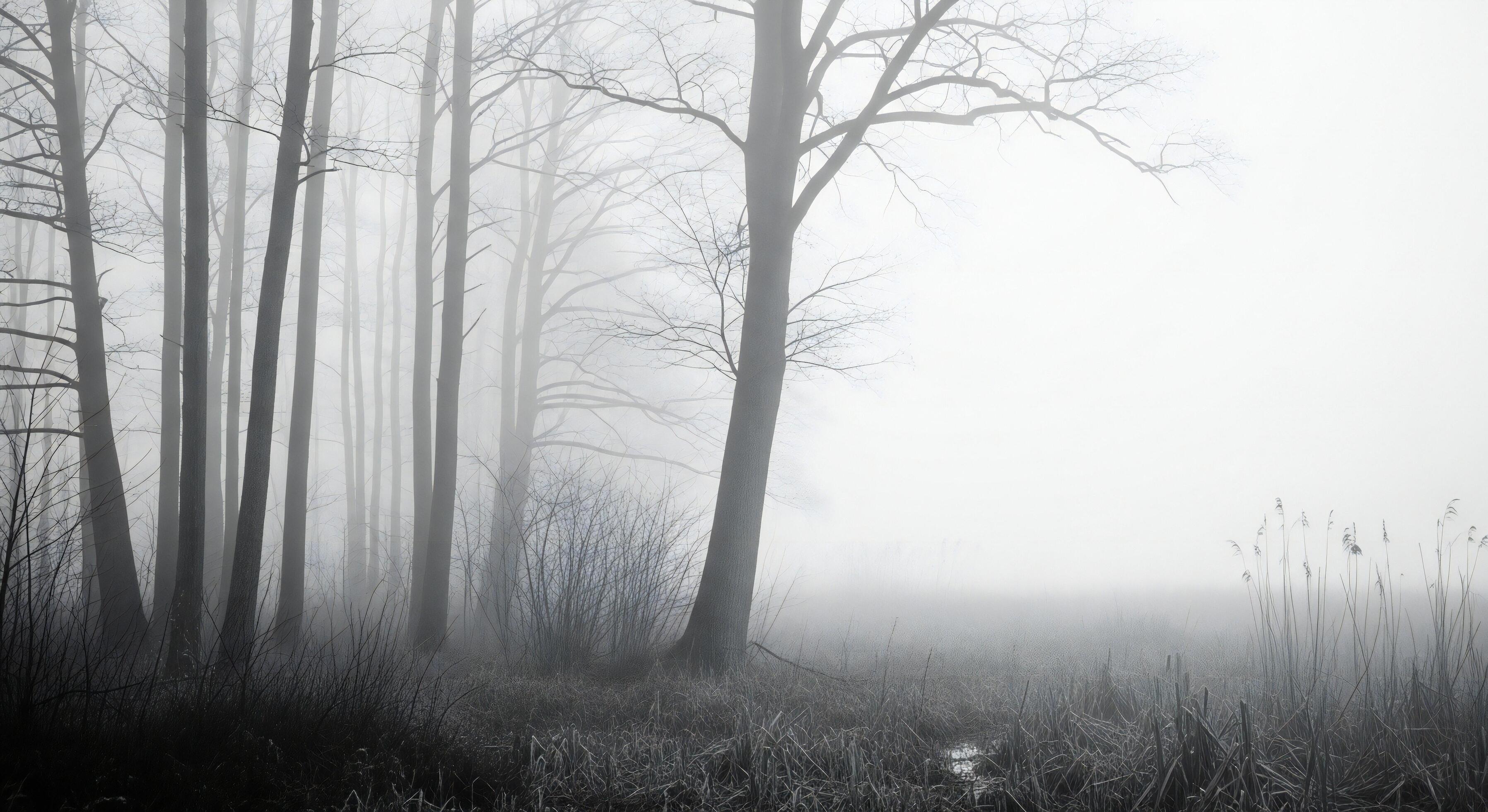 3593x1960 Nature background, Nature wallpaper, Bare trees stand in a dense fog creating an eerie and mysterious atmosphere in a desolate landscape