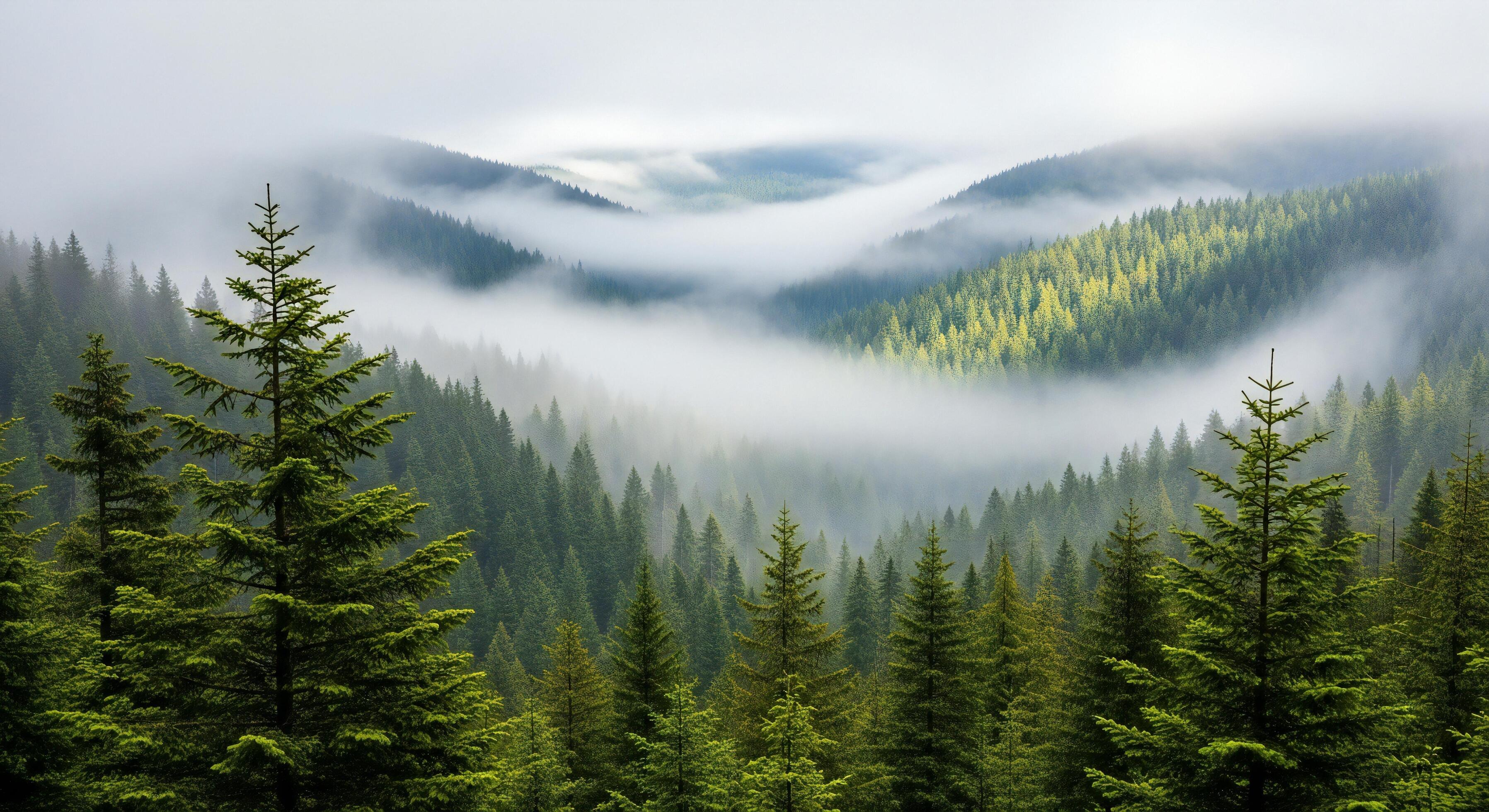 3593x1960 Nature background, Nature wallpaper, Misty mountain forest landscape with dense pine trees layered in morning fog