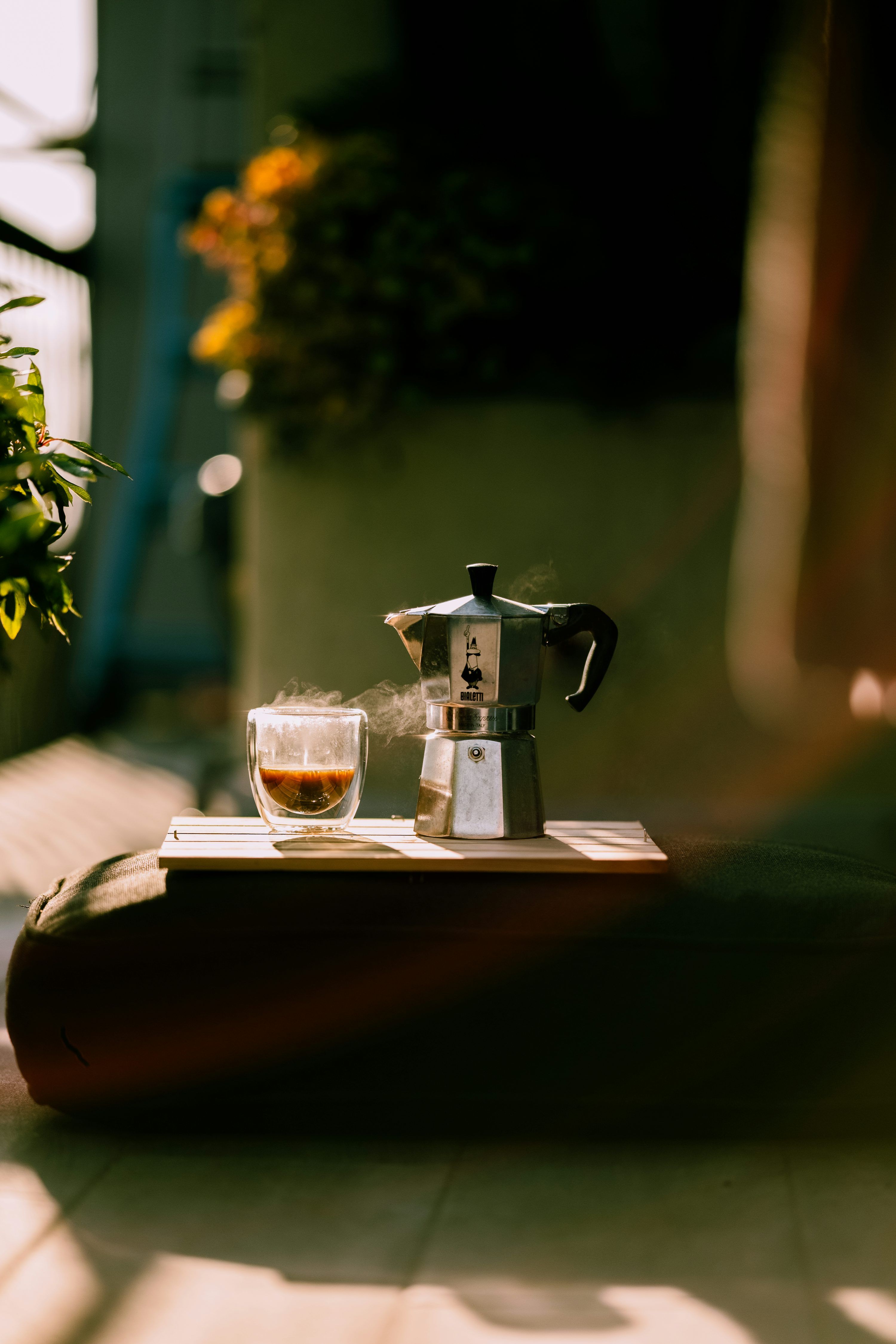 3000x4500 Coffee and a moka pot on a sunny day. photo