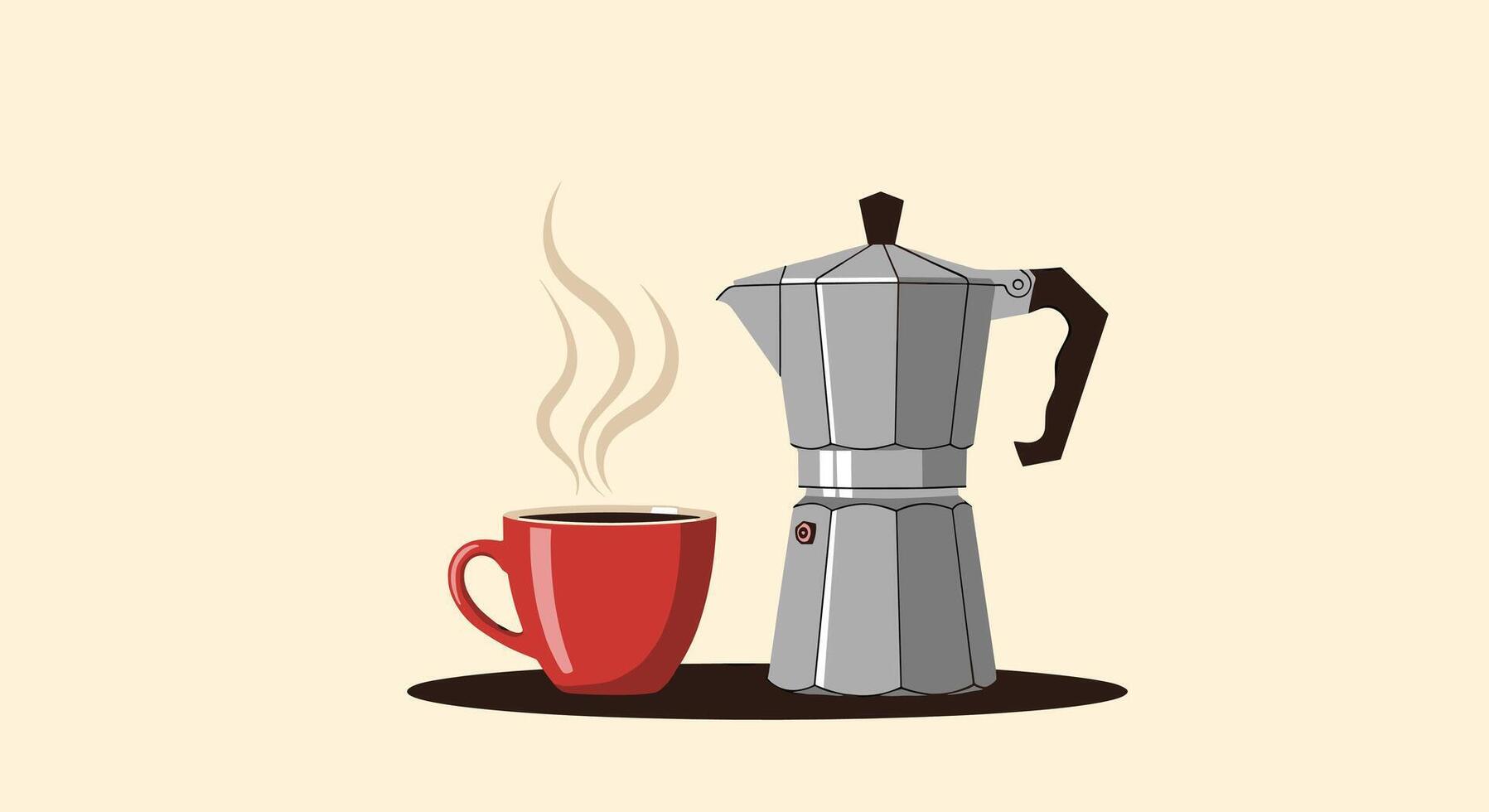 1797x980 Moka pot coffee maker next to a steaming red cup of espresso on a light beige background in a clean flat illustration style