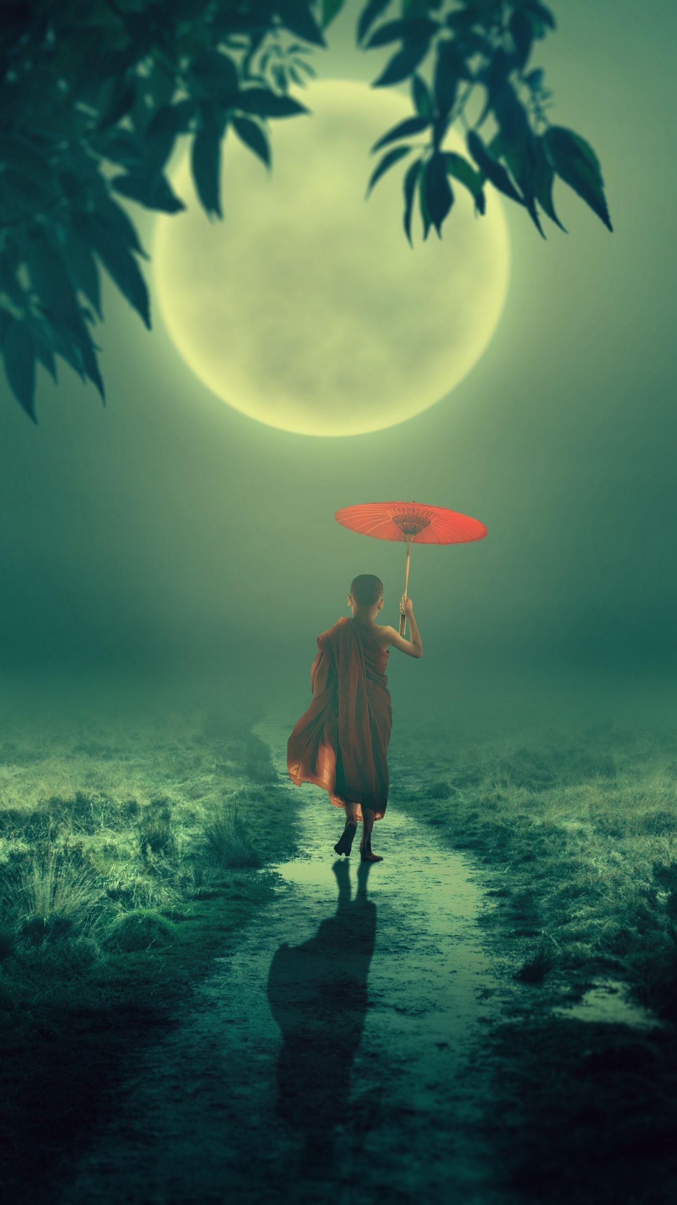 1350x2400 Download wallpaper 1350x2400 boy, monk, fog, moon, child, umbrella