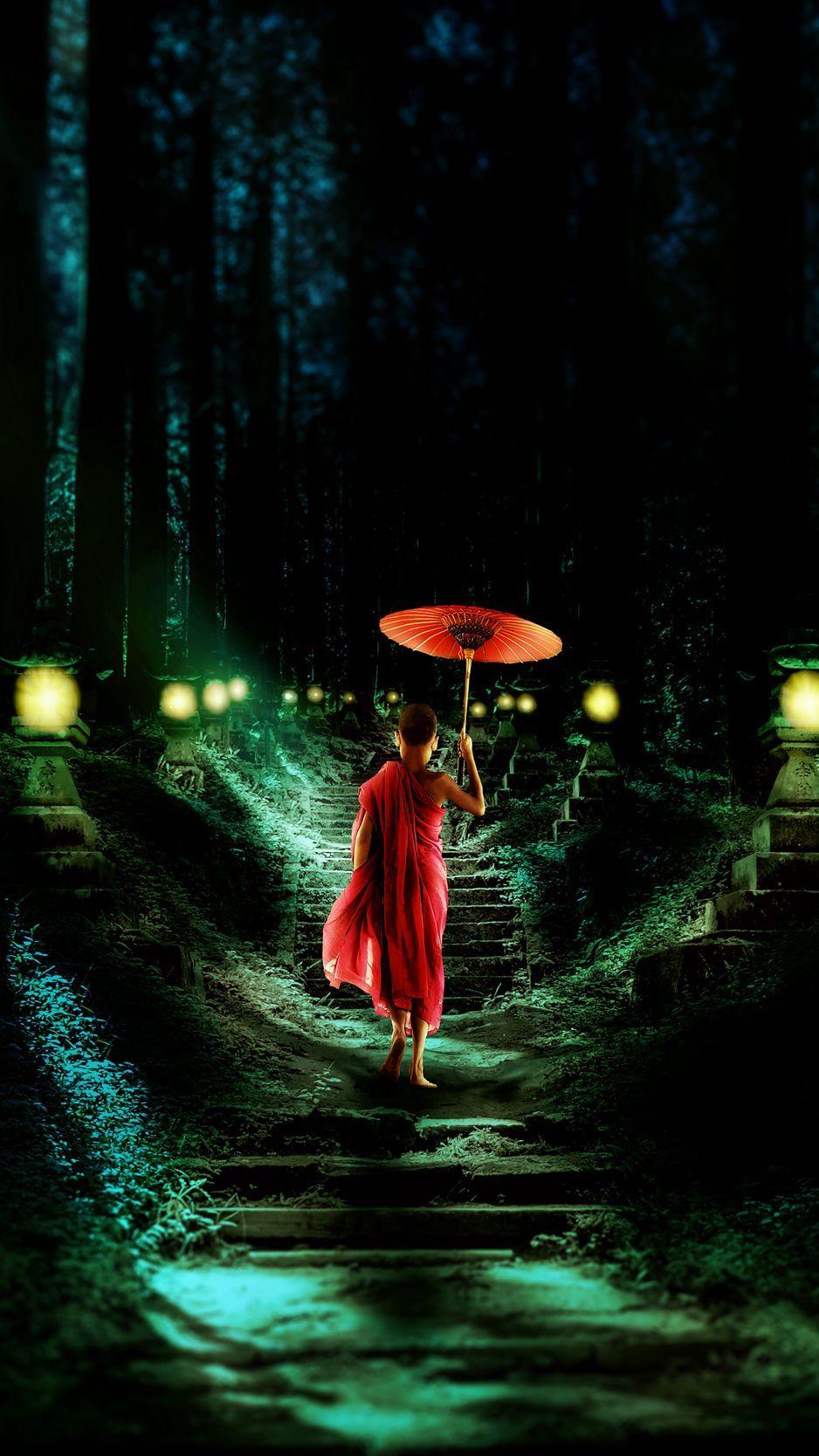 938x1668 Download wallpaper 938x1668 boy, monk, stairs, night, child