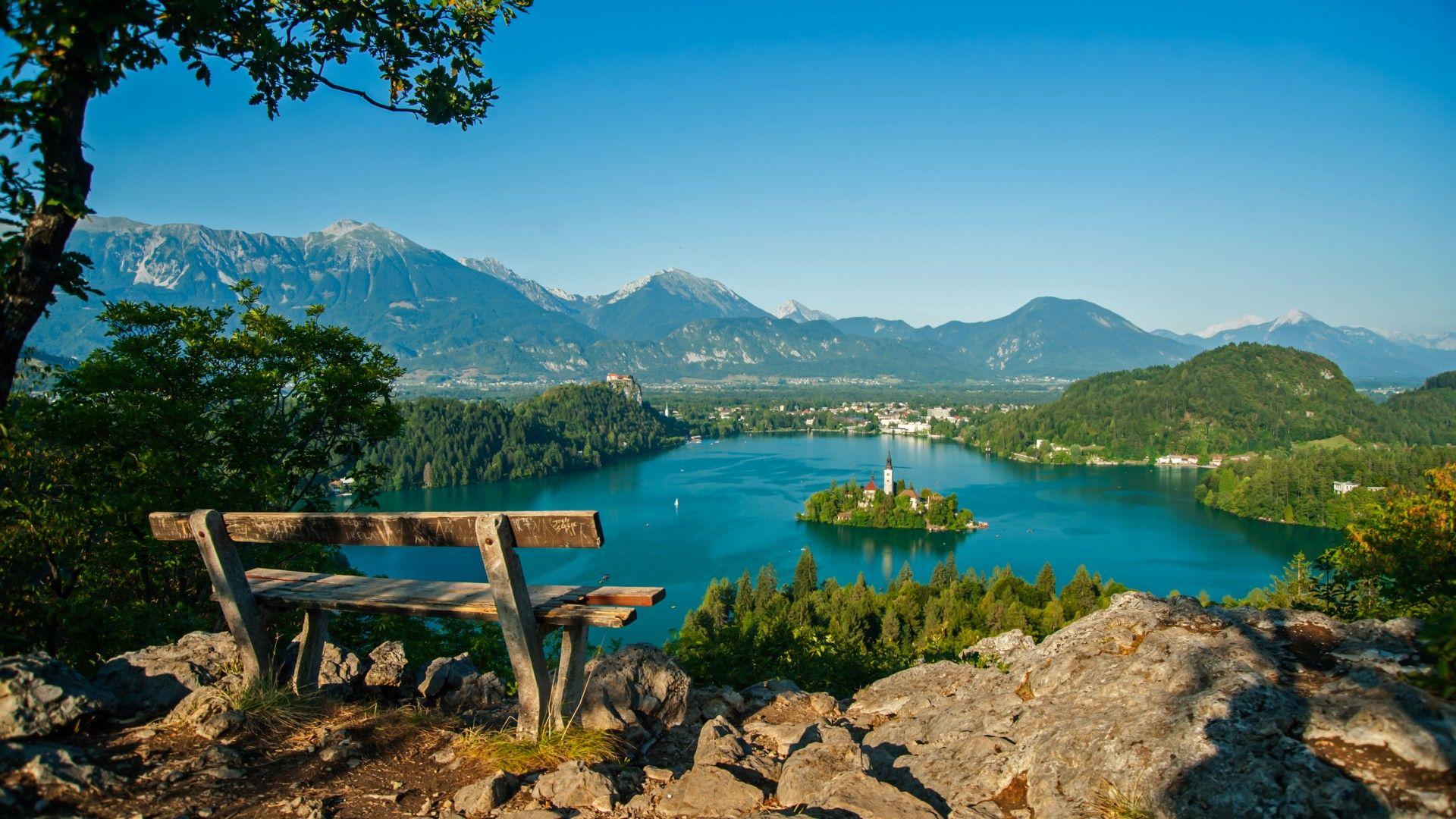 1920x1080 Lake Bled, Mountains, Tree, Bench, Bled, Slovenia Wallpaper HD