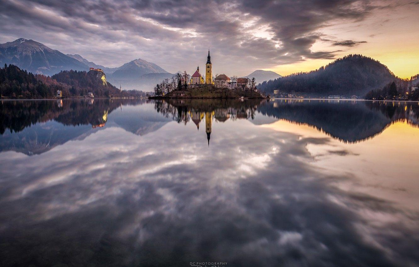 1332x850 Wallpaper the sky, mountains, lake, reflection, island, Slovenia