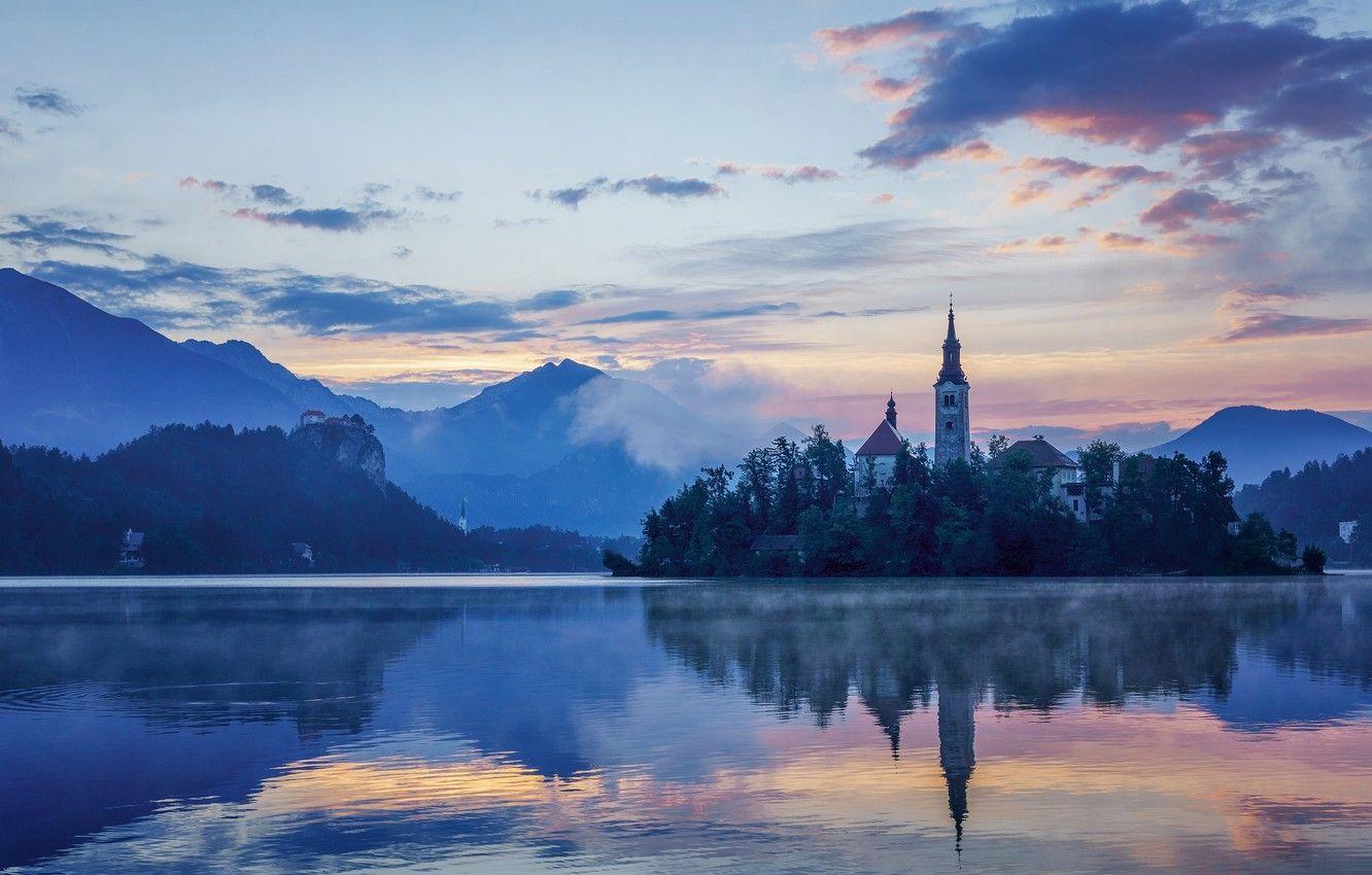 1332x850 Wallpaper mountains, lake, reflection, island, Church, Slovenia