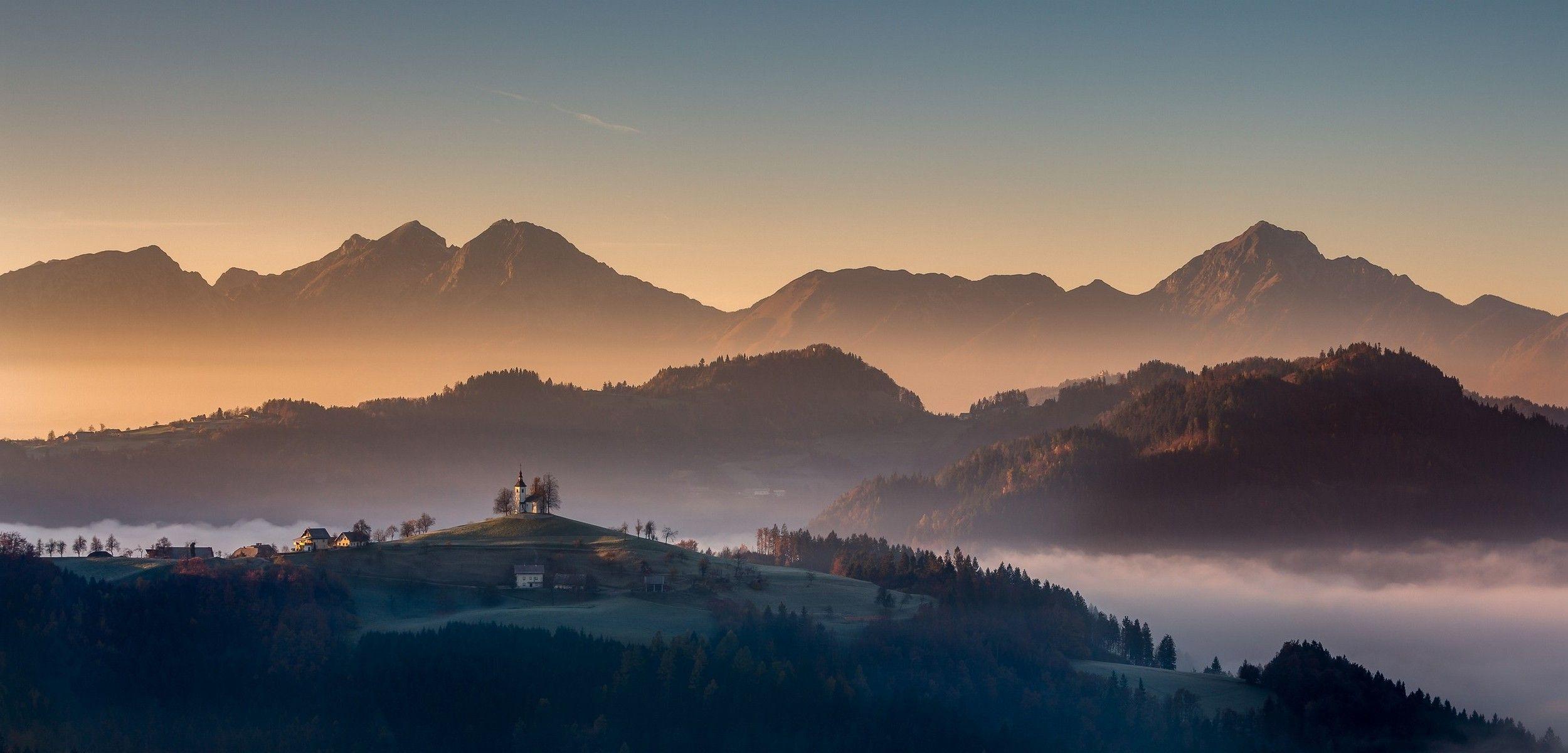 2500x1200 nature, Landscape, Sunrise, Mist, Mountain, Village, Forest, Fall
