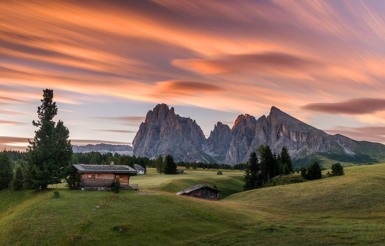 1332x850 Wallpaper the sky, grass, clouds, trees, sunset, mountains, rocks