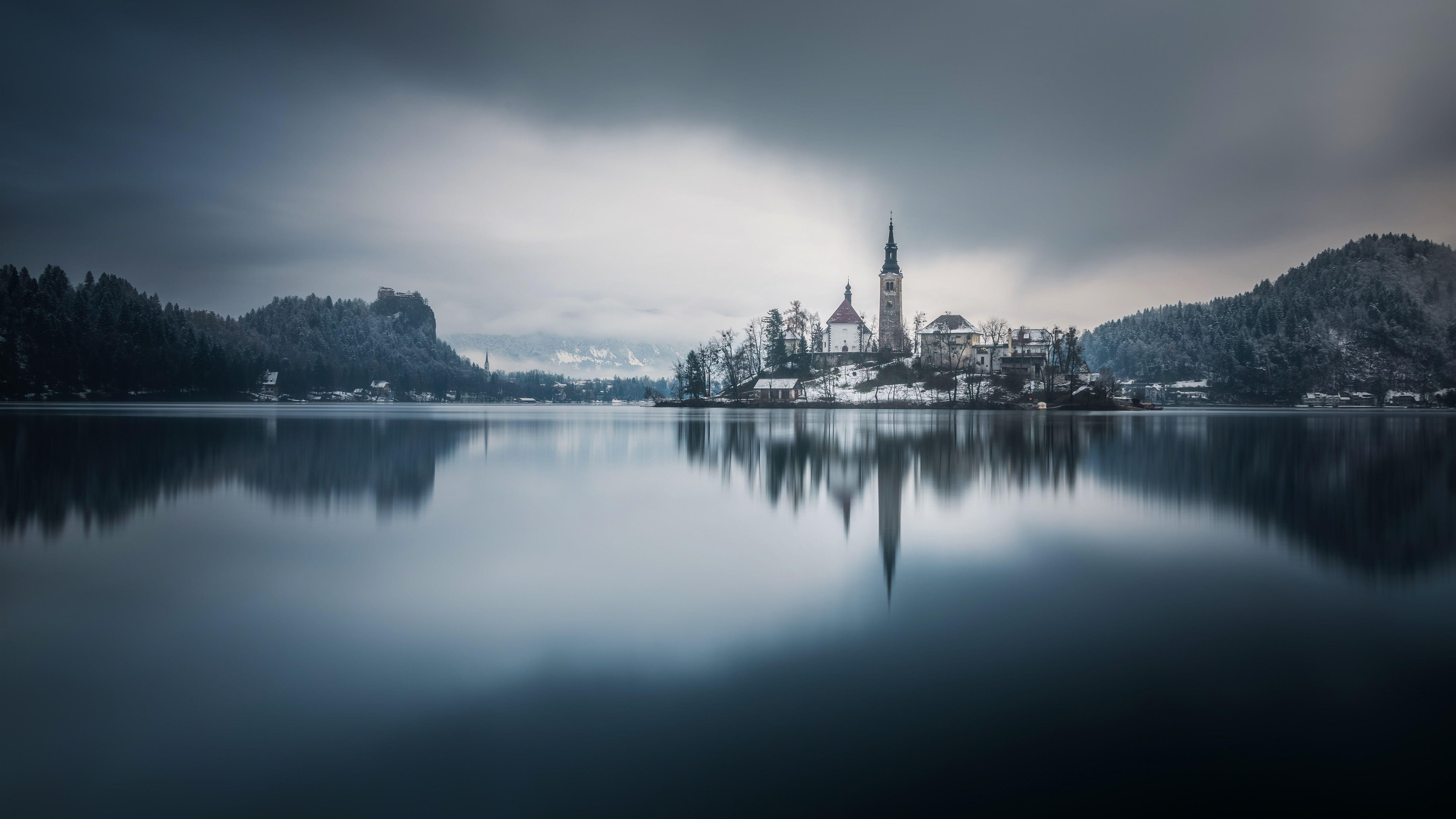 5120x2880 Wallpaper Church, Bled, Slovenia, lake, trees, snow, winter