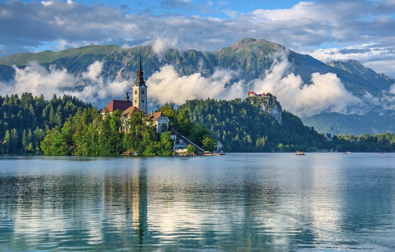 1332x850 Wallpaper mountains, lake, Church, island, Slovenia, Lake Bled
