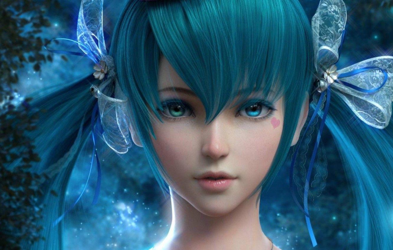 1332x850 Wallpaper face, lights, vocaloid, bow, Hatsune Miku, heart