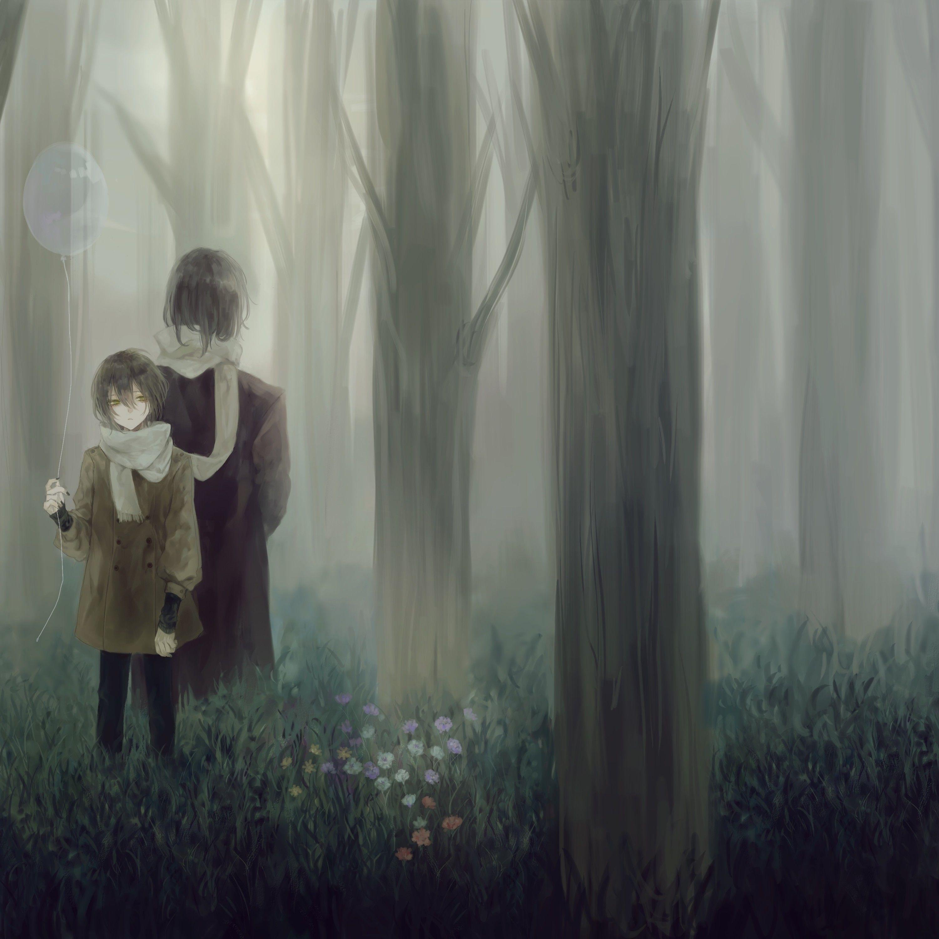 3000x3000 Download 3000x3000 Anime Boy, Forest, Balloon, Scarf Wallpaper
