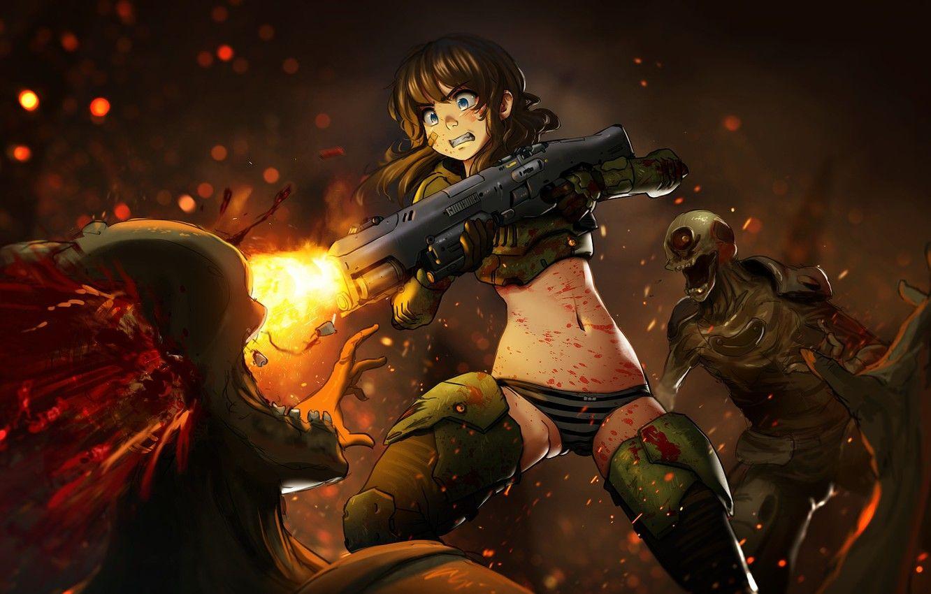 1332x850 Wallpaper girl, weapons, blood, the game, art, monsters, Doom 4