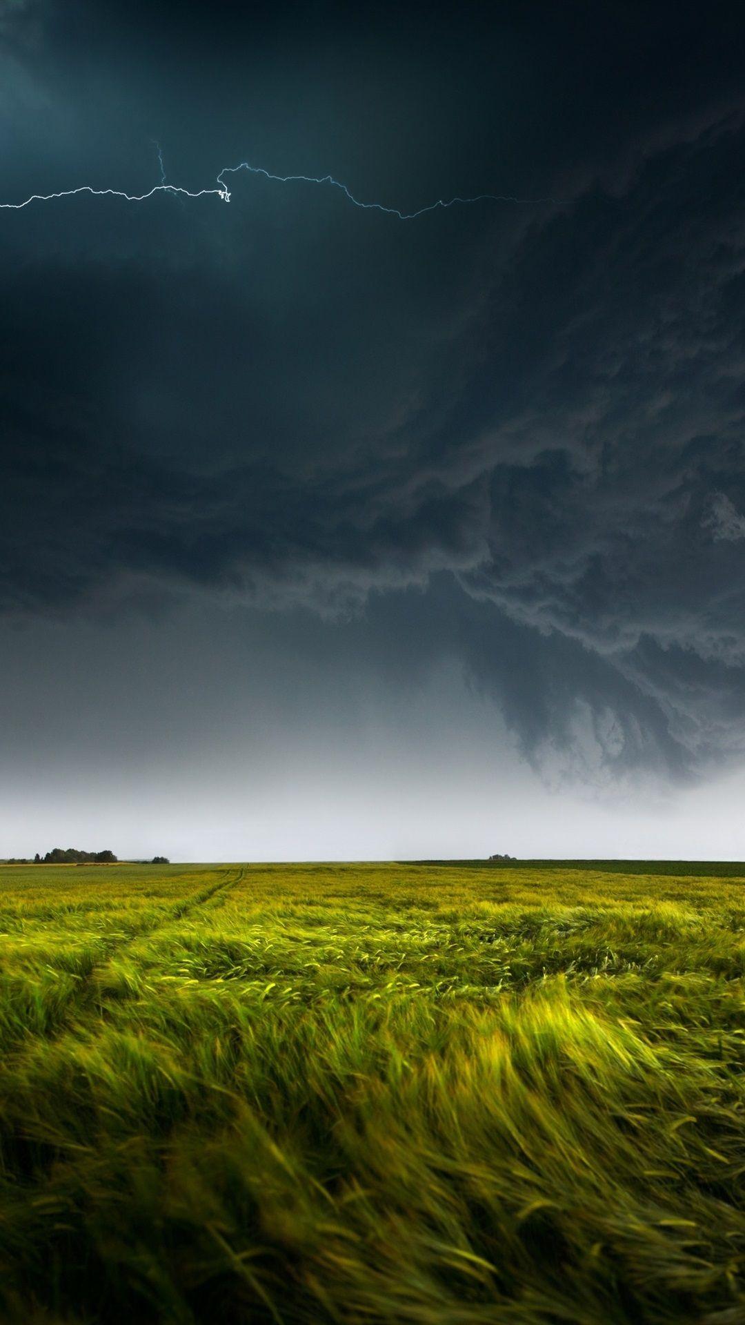 1080x1920 Nature, green field, storm, dark clouds, lightning 1080x1920