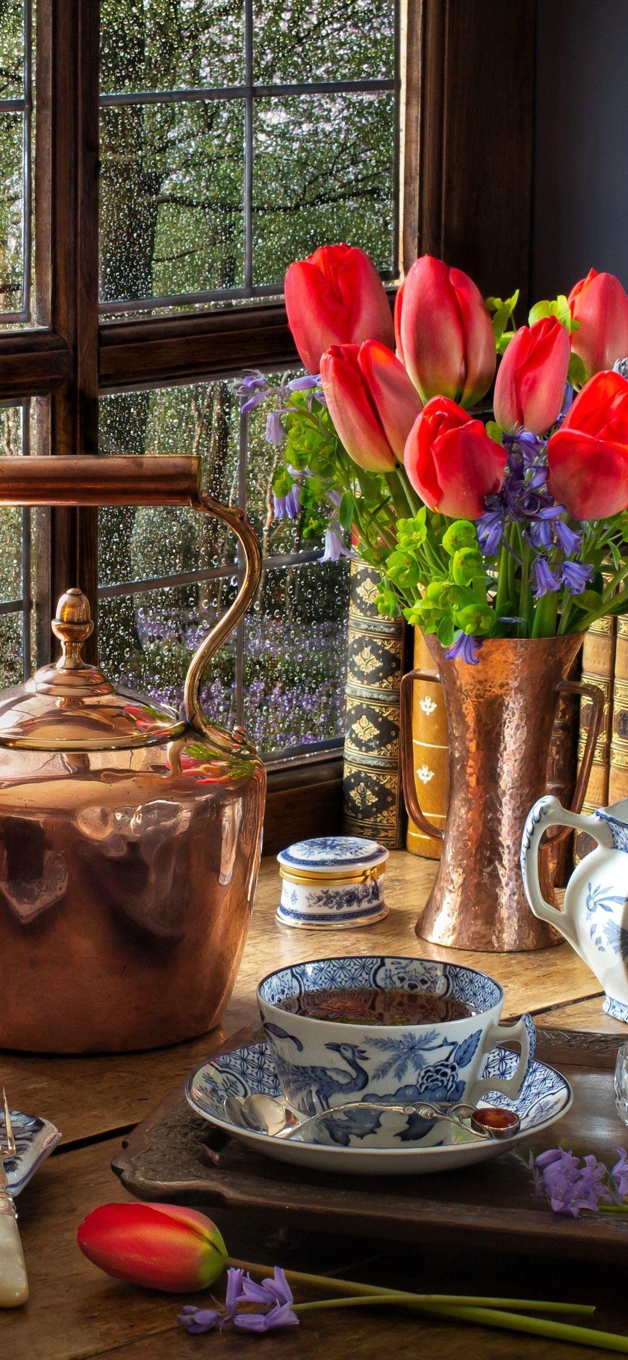 1242x2688 Still life, red tulips, kettle, lamp, window, tea, cake, books