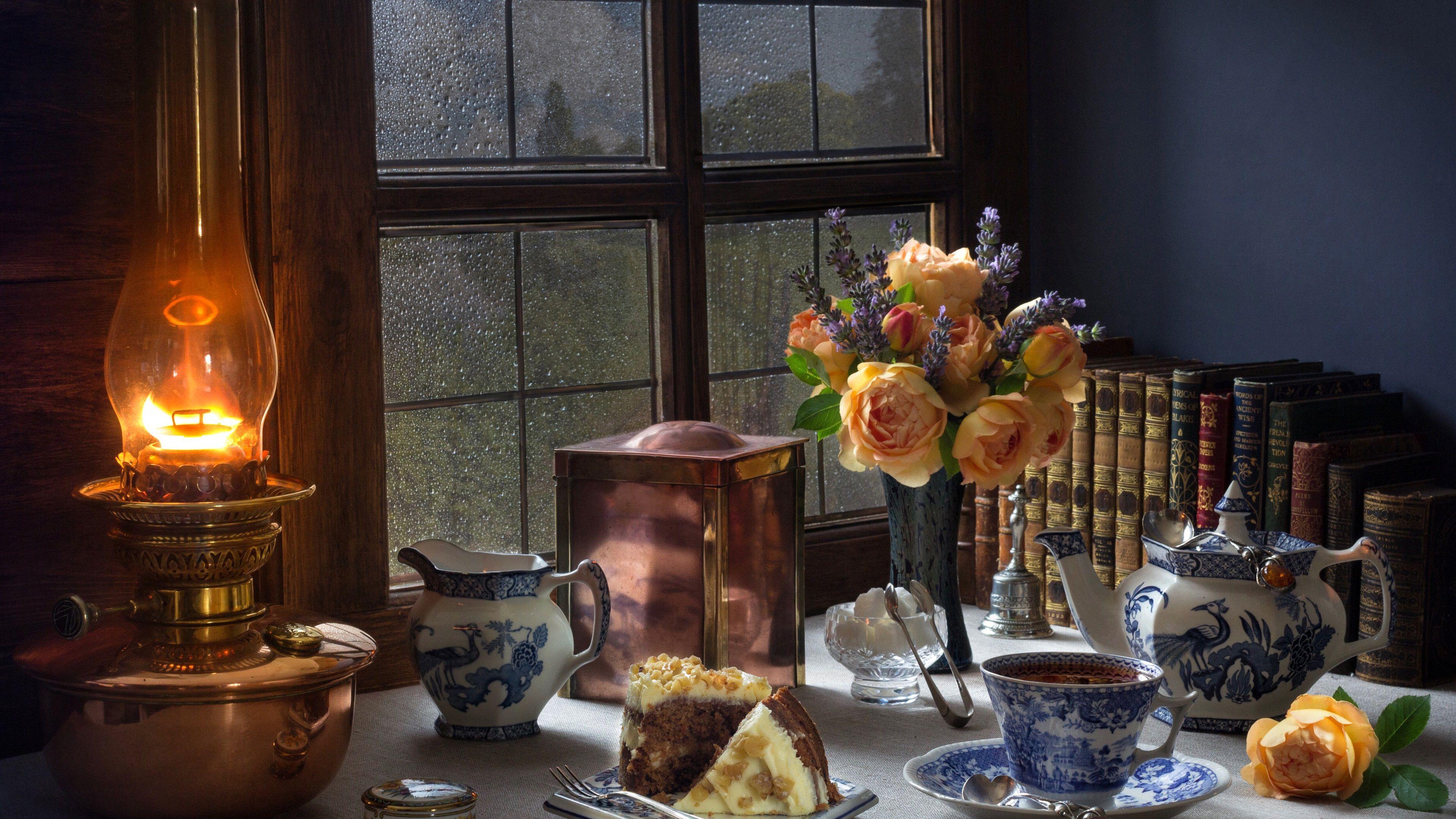 3840x2160 Wallpaper Still life, flowers, books, tea, window, lamp, cake