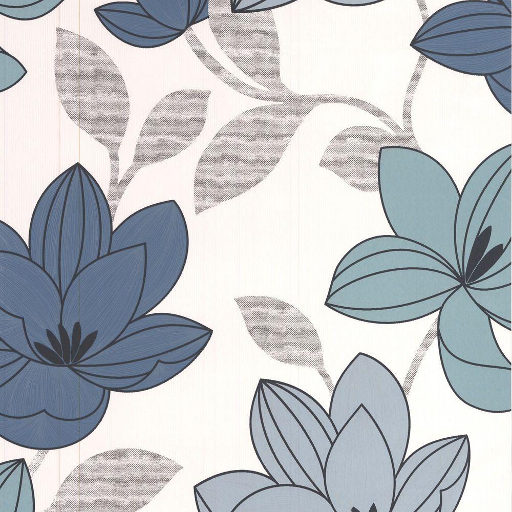 1000x1000 Graham & Brown Superflora Blue Teal Black White Wallpaper