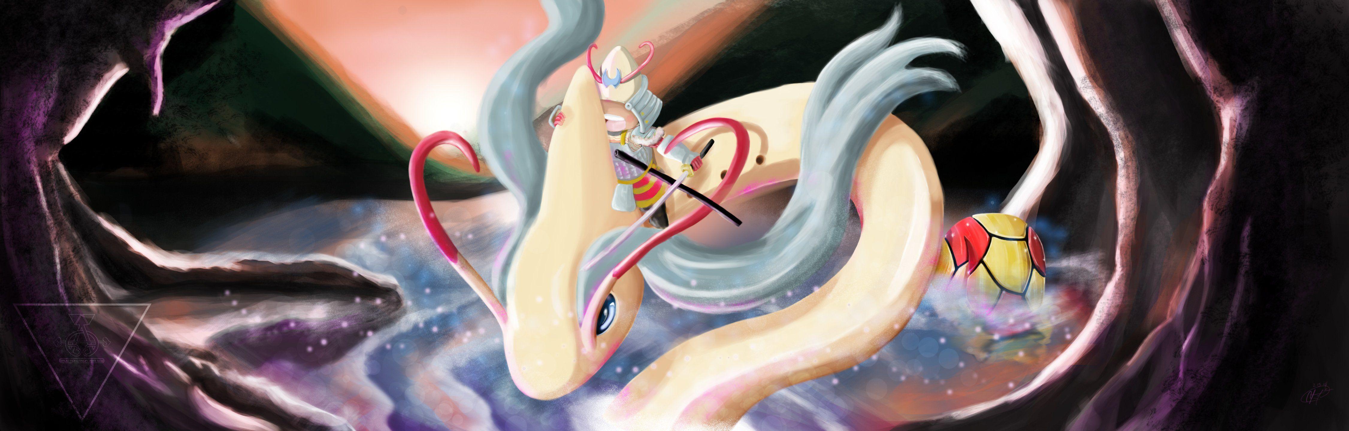 4504x1440 Pokemon armor dualscreen katana milotic pokemon samurai signed sword tagme (artist) water weapon wallpaperx1440