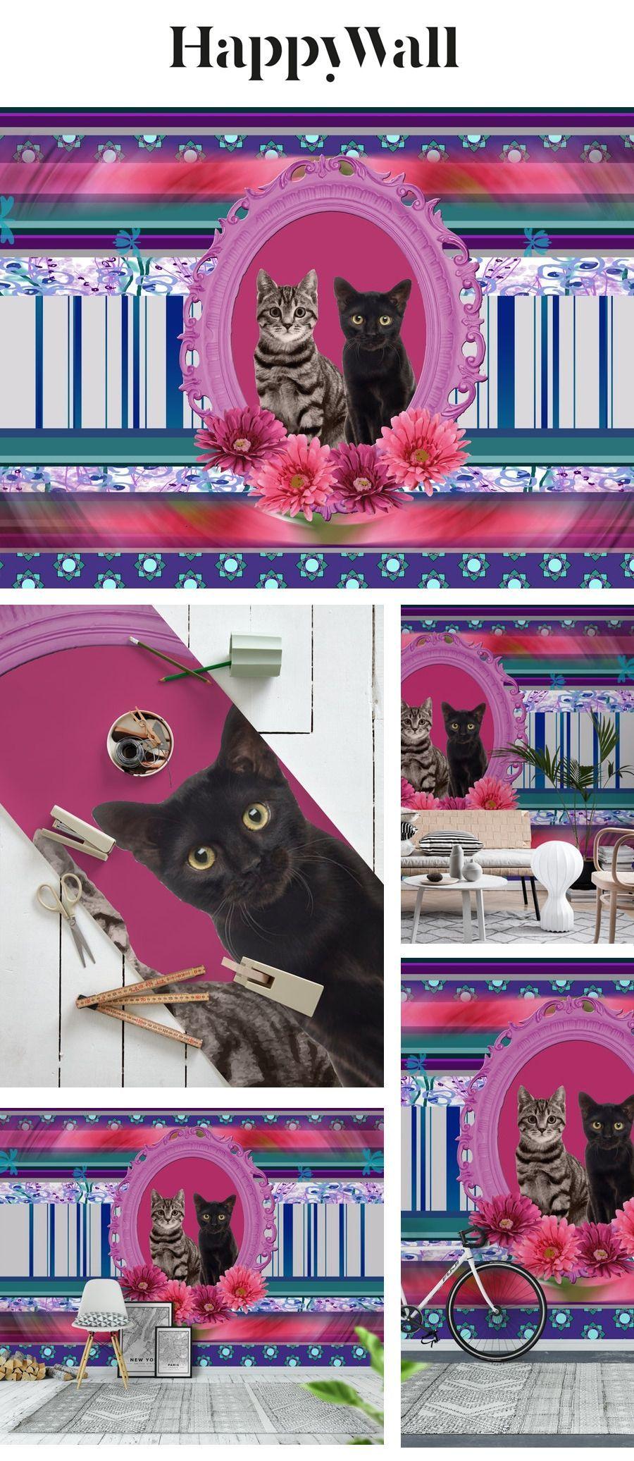 900x2073 Two Cats Frame Gerbera Flowers Wall mural. Cat frame, Animal