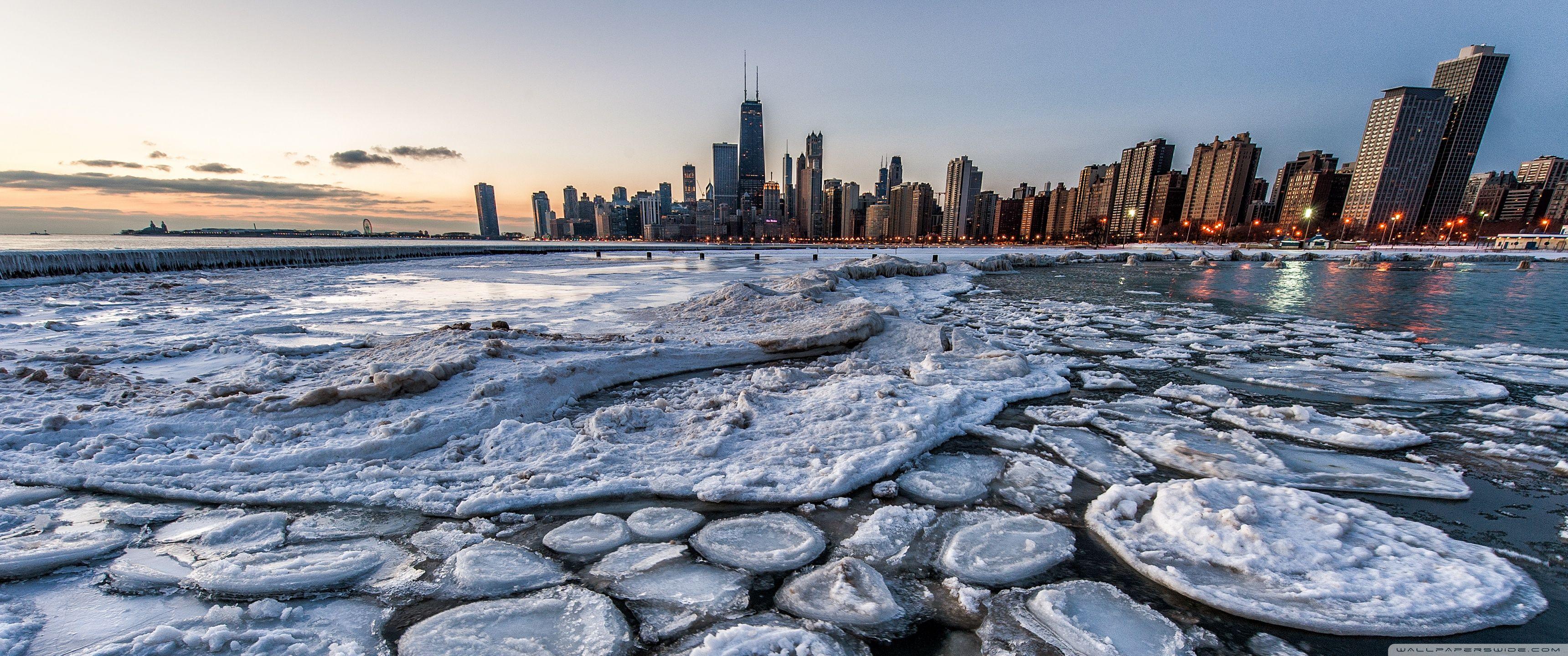 3440x1440 Frozen Chicago Skyline Ultra HD Desktop Background Wallpaper