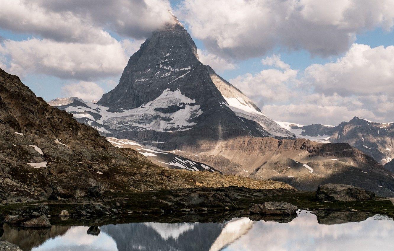 1332x850 Wallpaper sky, nature, mountains, clouds, lake, snow, stones
