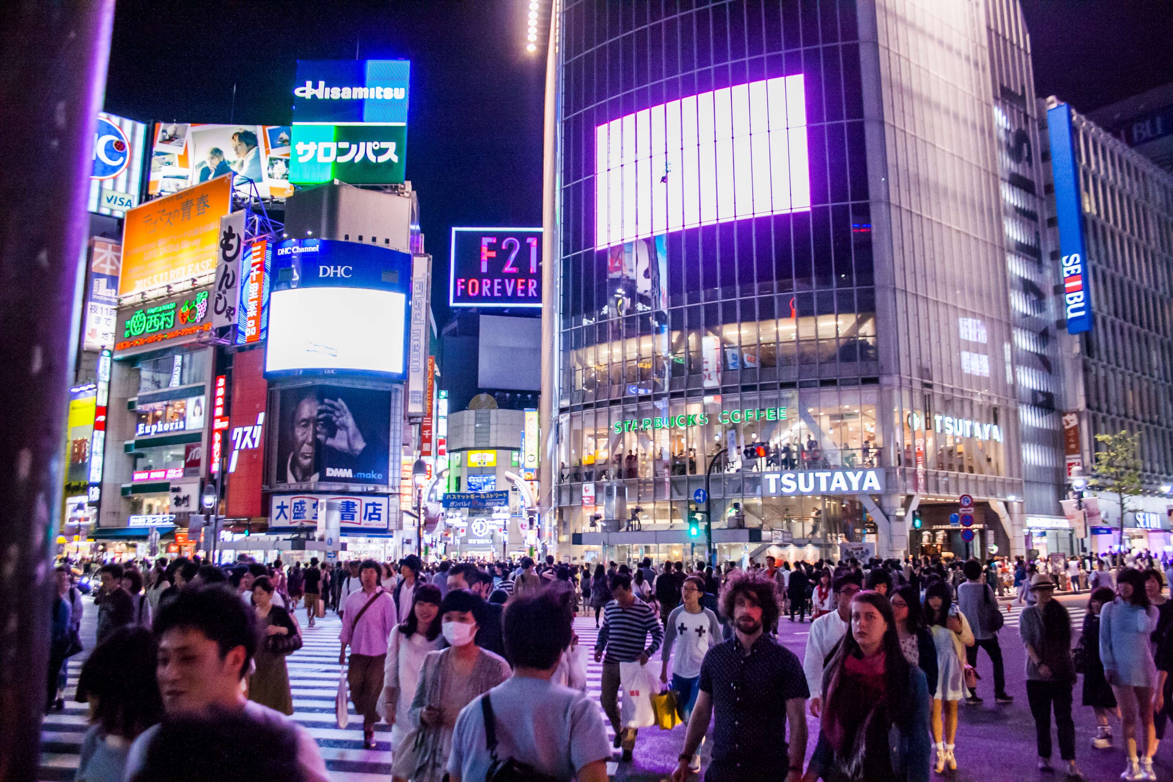 3840x2560 billboards, city, crowd, light ray, lights, people, shibuya