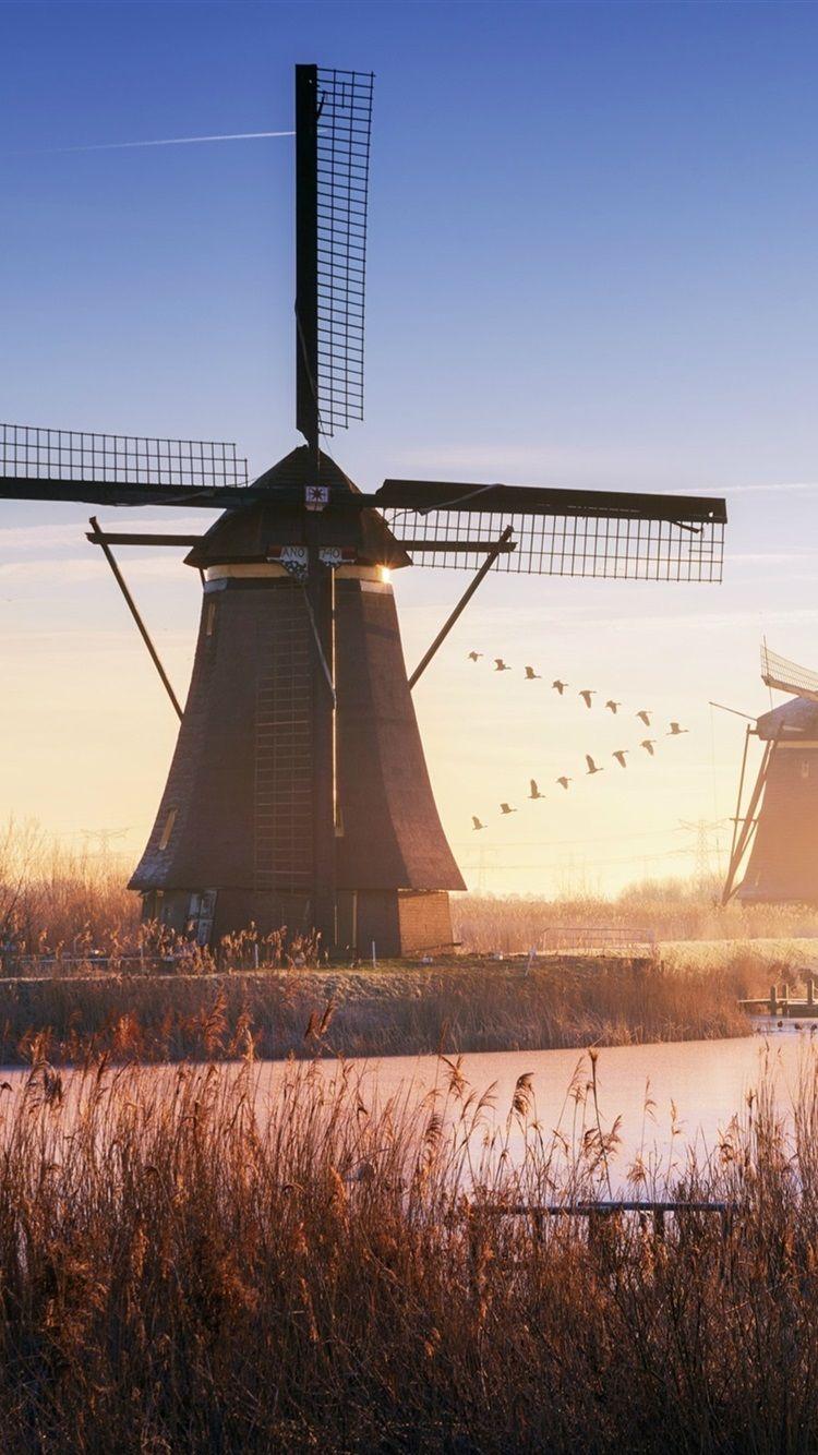 750x1334 Netherlands, Windmills, River 750x1334 IPhone 8 7 6 6S Wallpaper