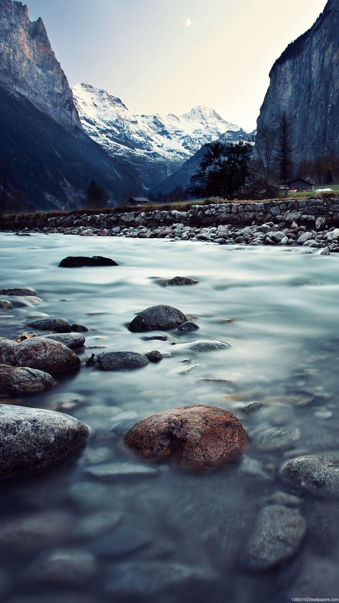 1080x1920 Mountain Water Stone Snow Wallpaper HD