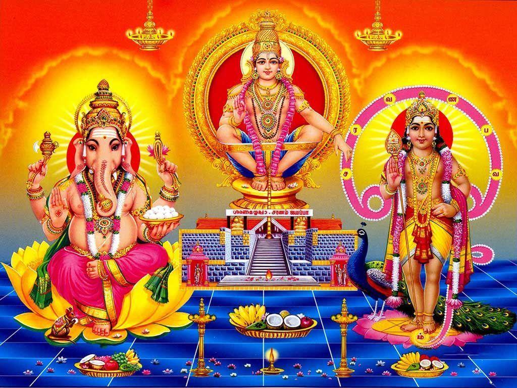 1024x768 Swamy Ayyappa Wallpaper with Lord Ganesha and Lord Murugan. Lord