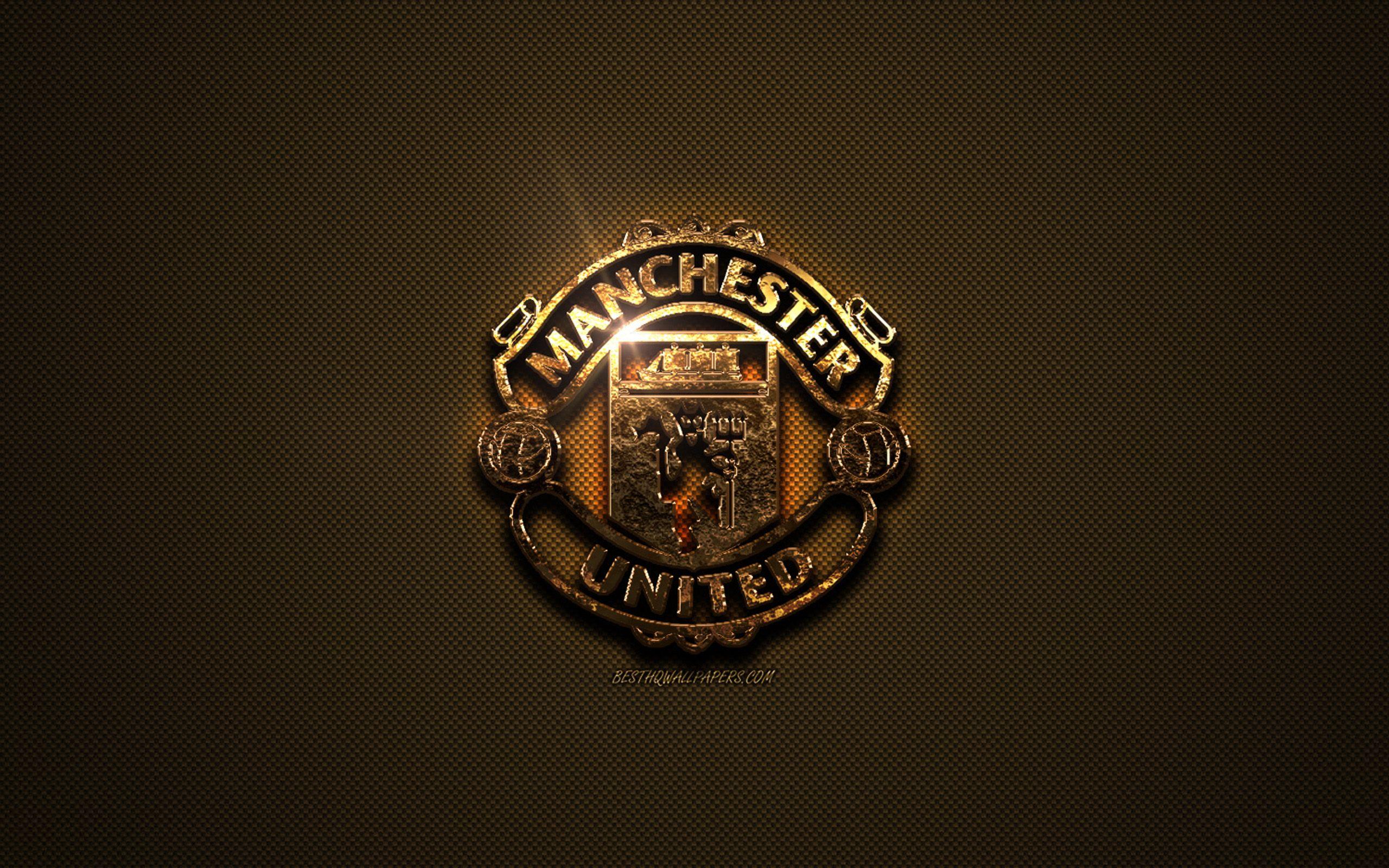2560x1600 Tải xuống hình nền Manchester United FC, logo vàng, tiếng Anh
