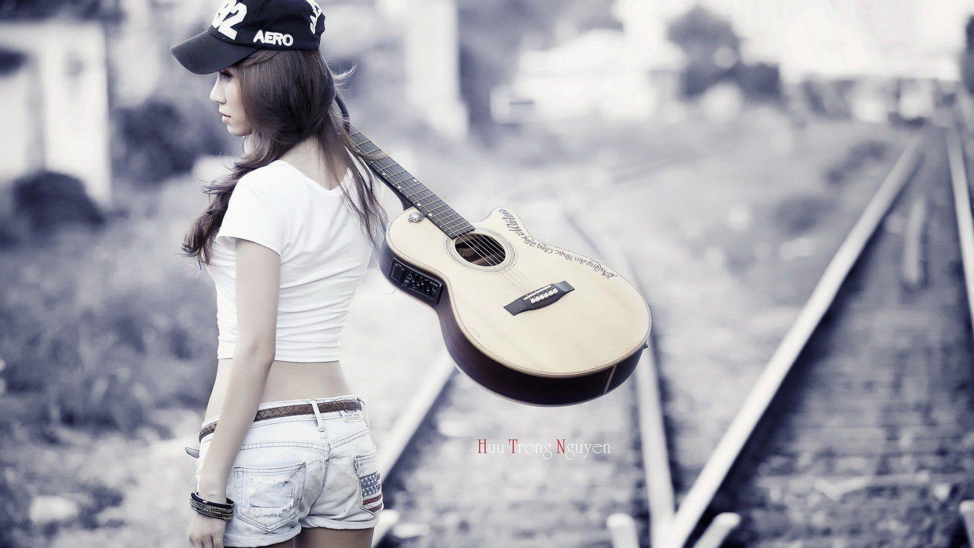 1920x1080 anime, Railway, Huu Trong Nguyen, Asian, Guitar, Women, Brunette