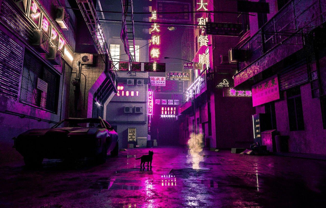 Download wallpaper 1366x768 cat, roof, city, neon lights, metropolis,  future, cyberpunk tablet, laptop hd background