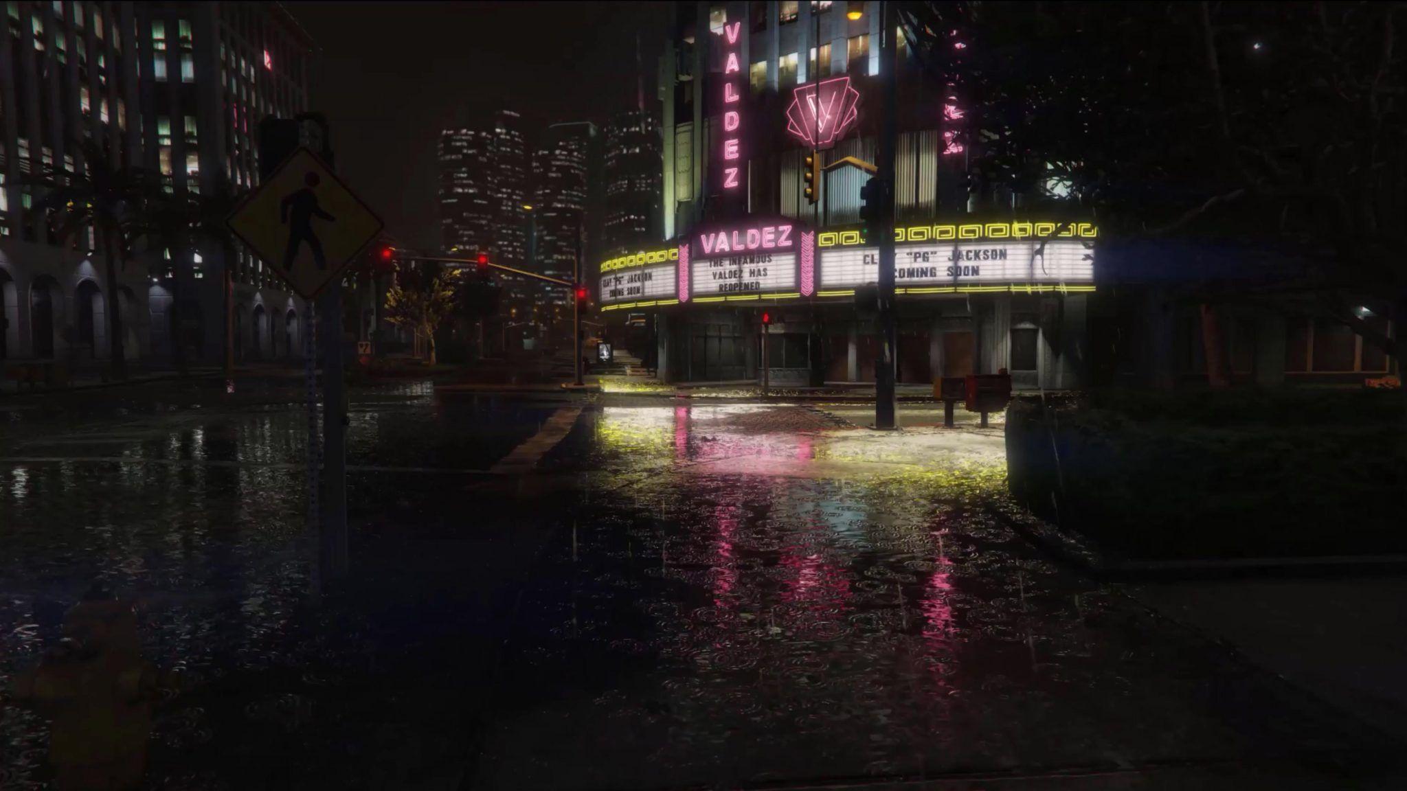2048x1152 4K Nhà hát trung tâm thành phố trong mưa Hình nền động miễn phí
