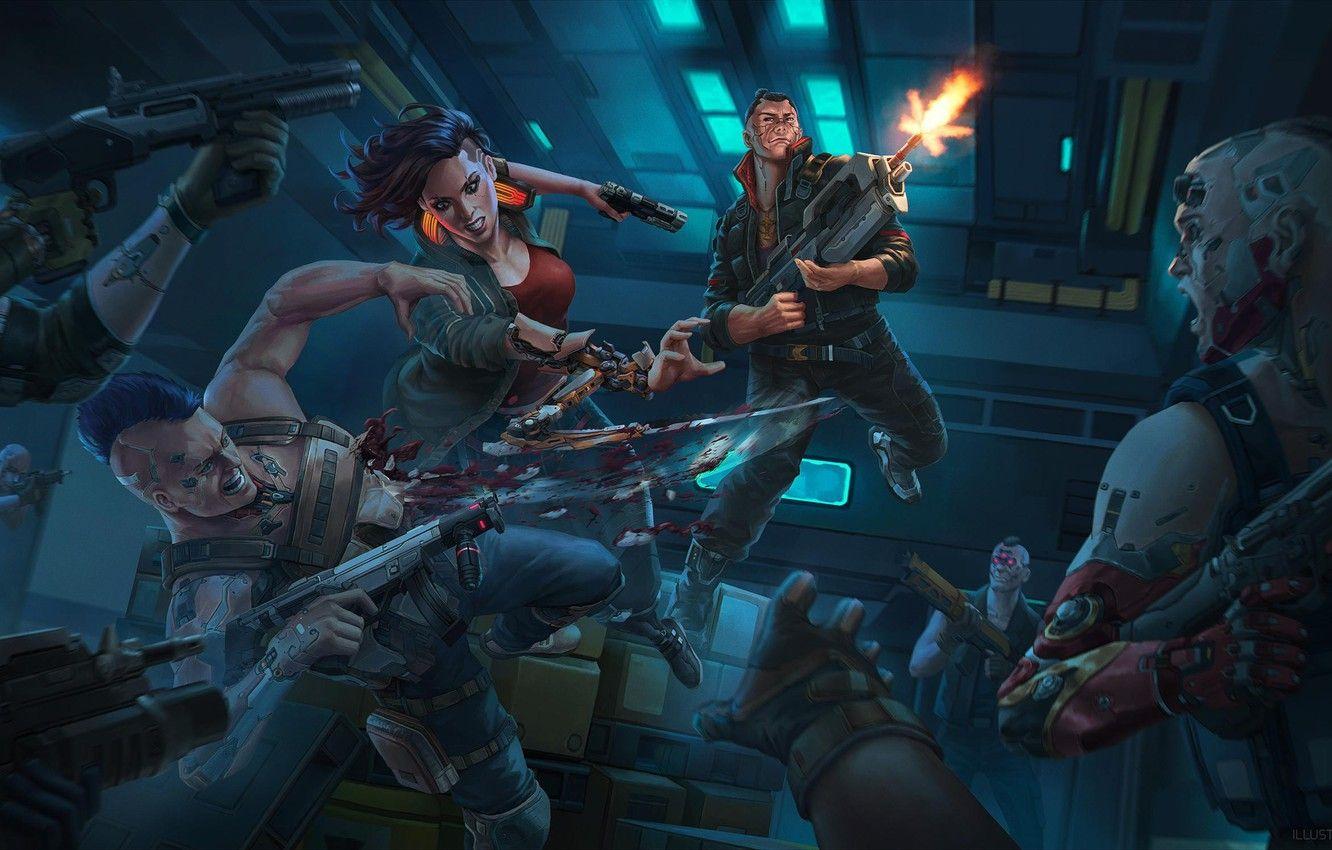 1332x850 Wallpaper Girl, Battle, Weapons, Art, Male, Attack, Cyberpunk Cyberpunk, Cyborgs, by AgusSW, AgusSW image for desktop, section игры