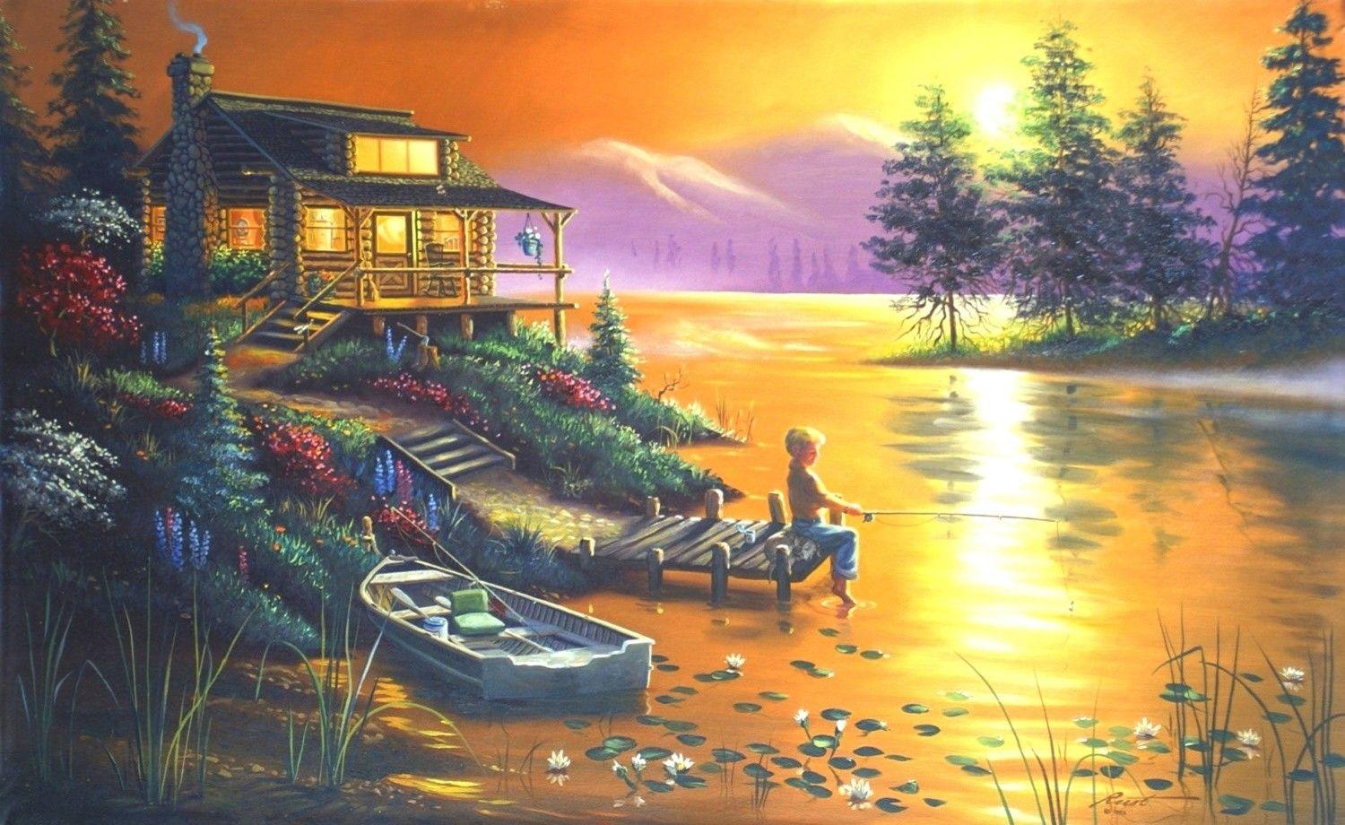 1500x920 Boy Beautiful Cottages Trees Fishing Colors Four Boats Flowers
