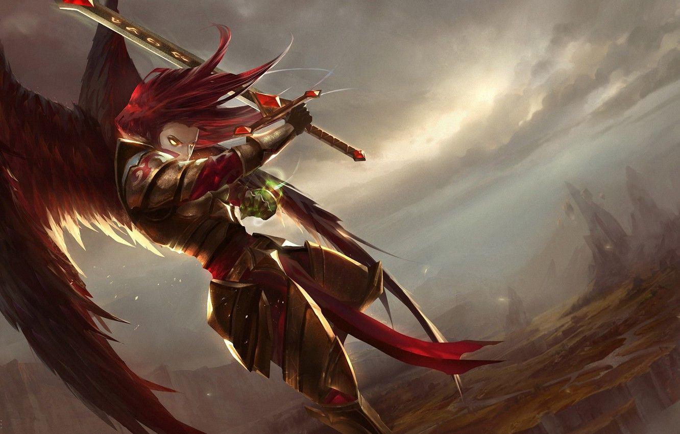 1332x850 Wallpaper wings, sword, art, guy, in the sky, league of legends