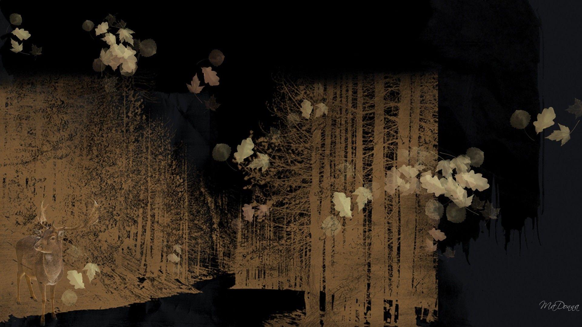 1920x1080 Forest Leaves Brown Collage Dark Elk Abstract Woodds Vintage Trees