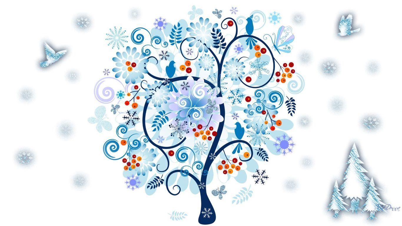 1366x768 Winter: Blue Trees Abstract Winter Birds Snowflakes Tree Free