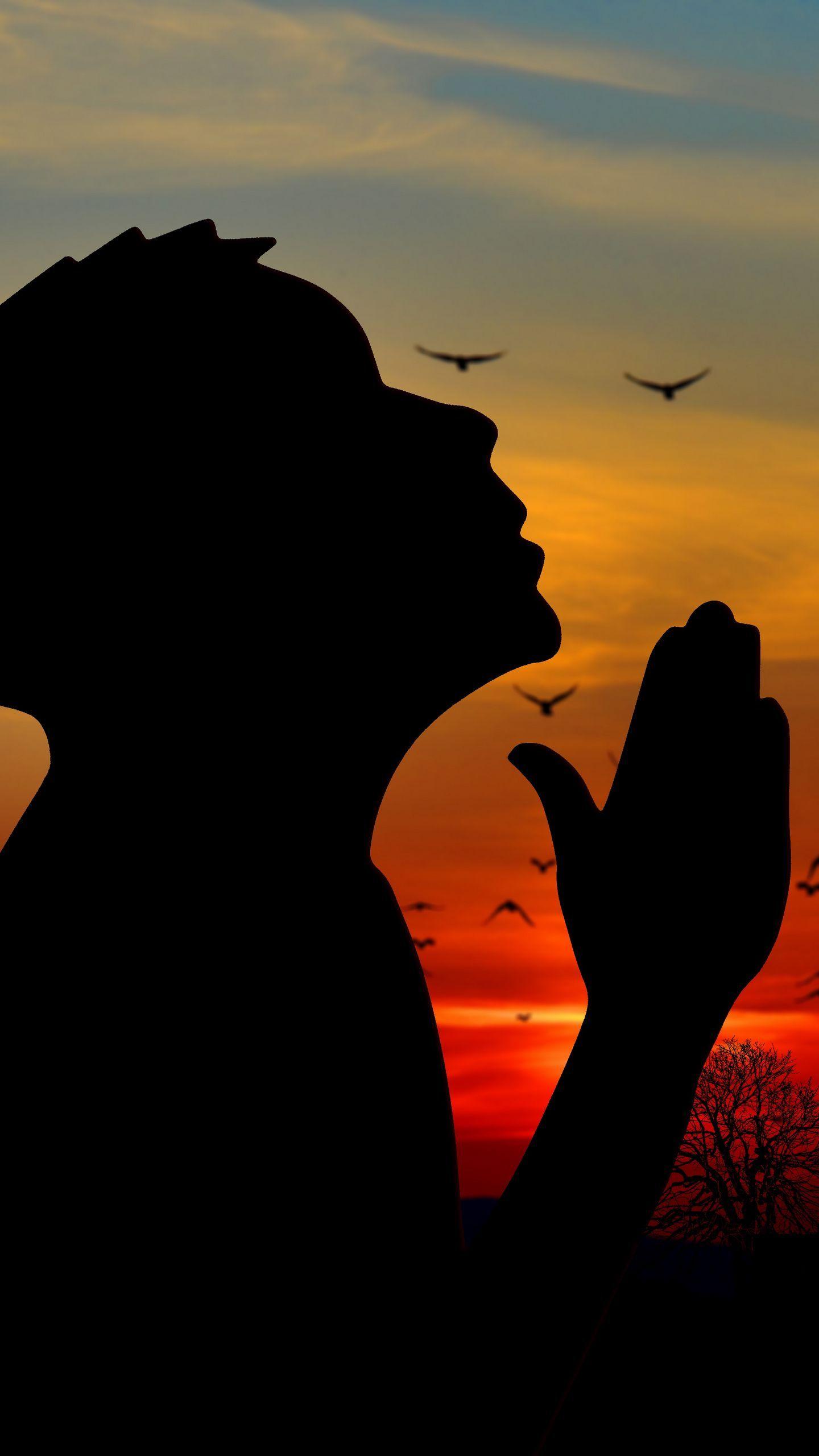 1440x2560 Download wallpaper 1440x2560 man, silhouette, prayer, sky qhd