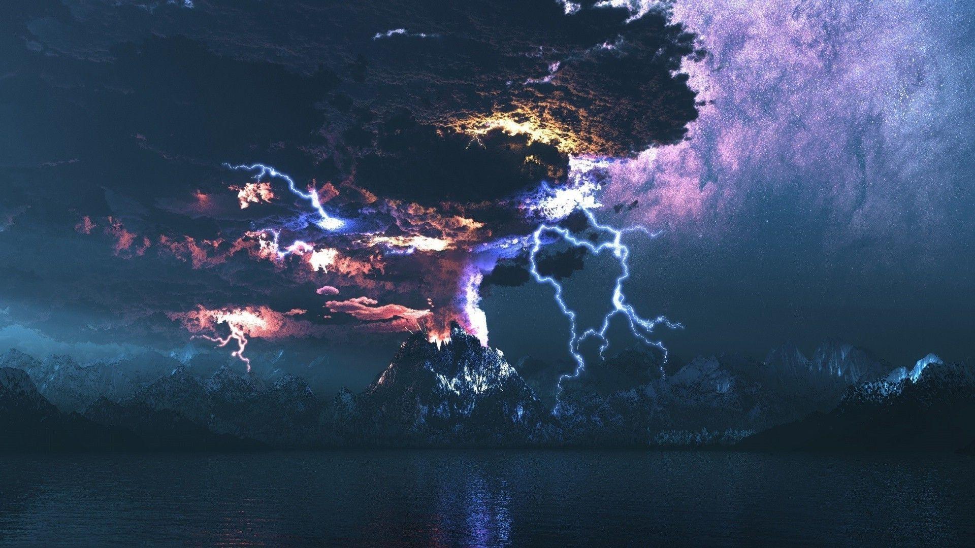 1920x1080 lightning over the volcano eruption. Volcano lightning, Volcano