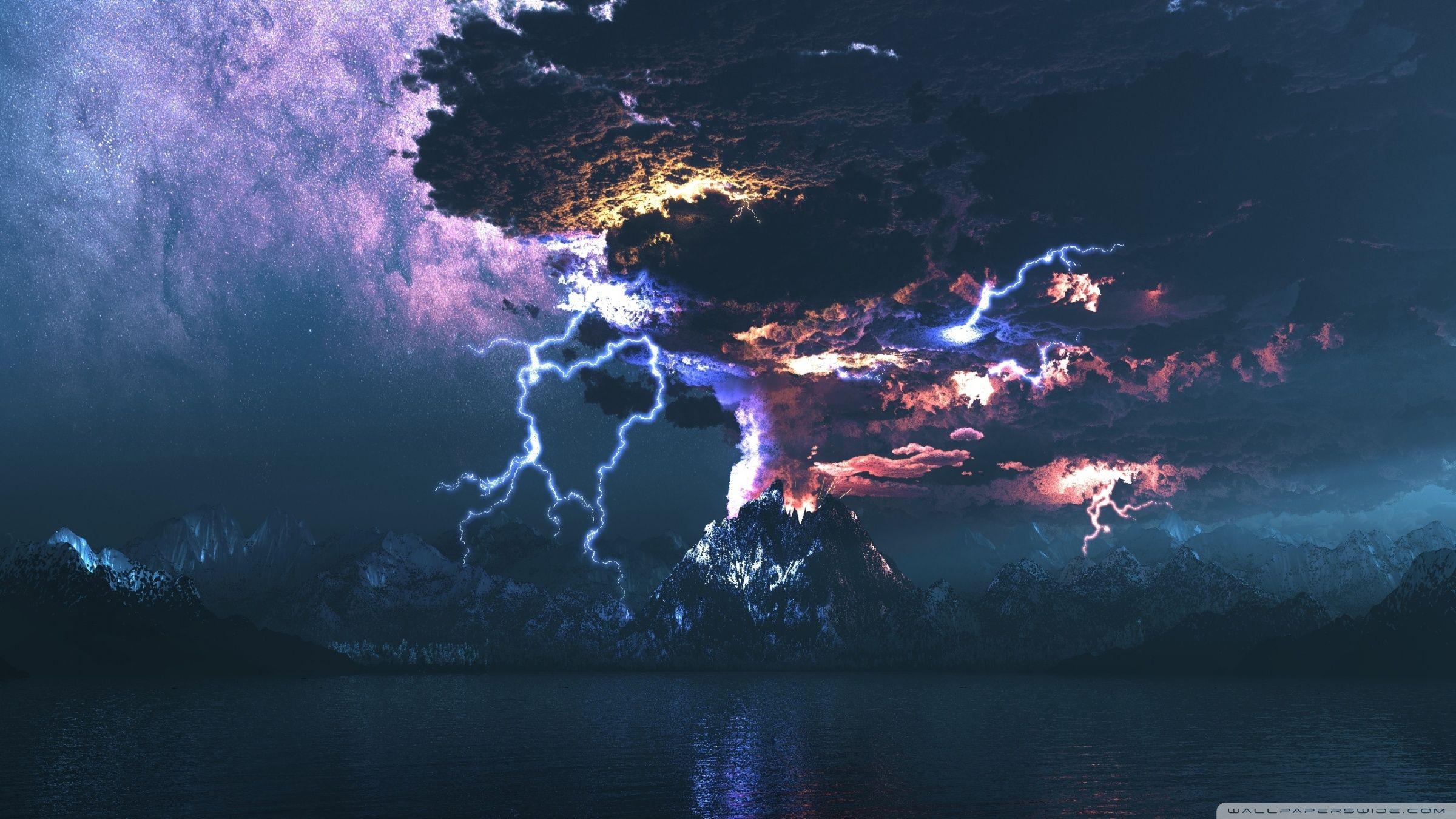 2400x1350 Volcano Eruption Lightning Ultra HD Desktop Background Wallpaper
