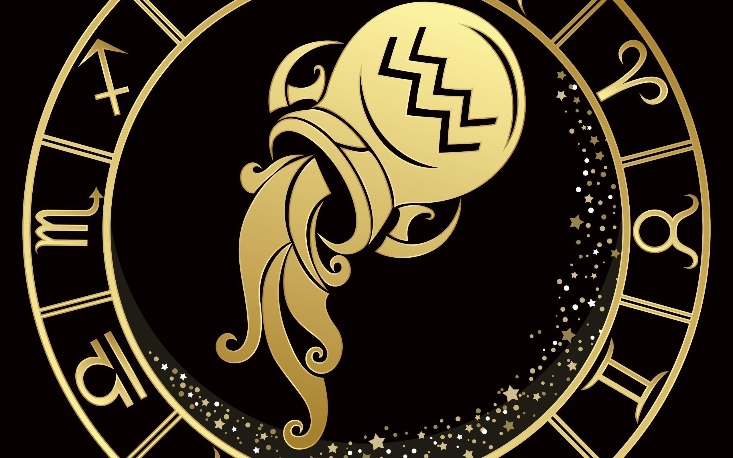 2560x1600 Golden Aquarius zodiac sign on a black background Desktop wallpaper 2560x1600