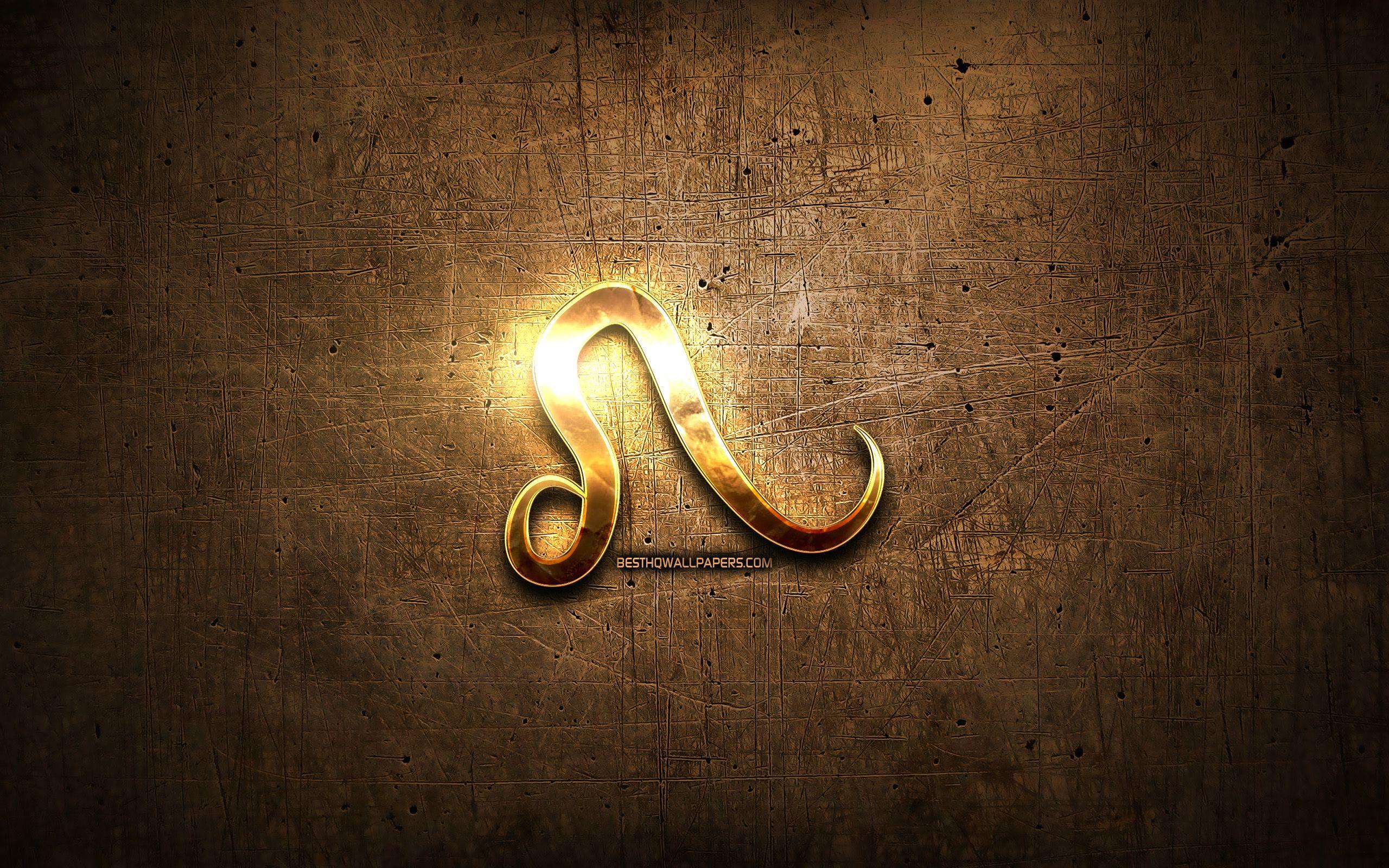 2560x1600 Download wallpaper Leo golden symbol, brown metal background