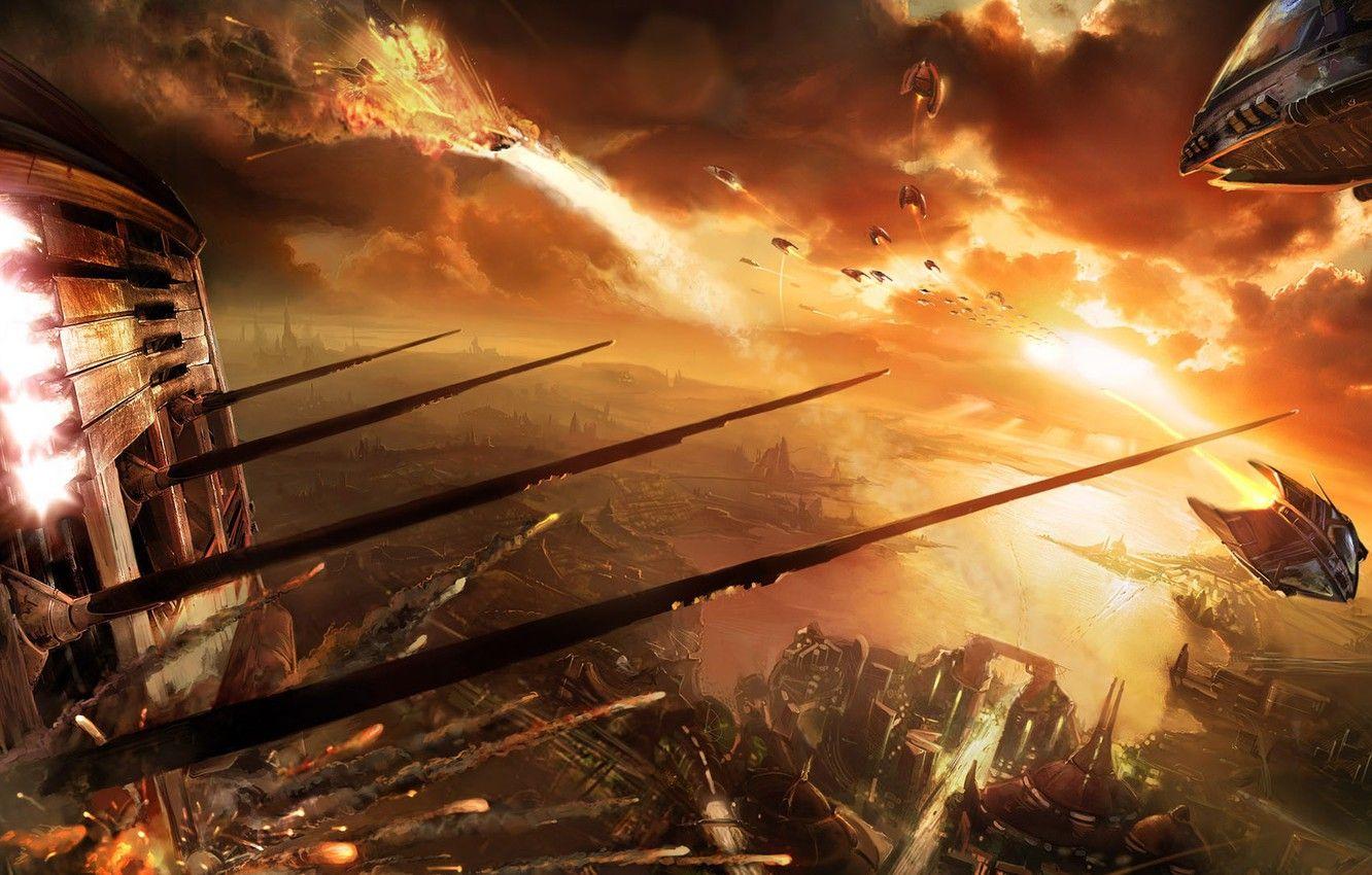 1332x850 Wallpaper sunset, ships, battle, war of the worlds image for desktop, section фантастика