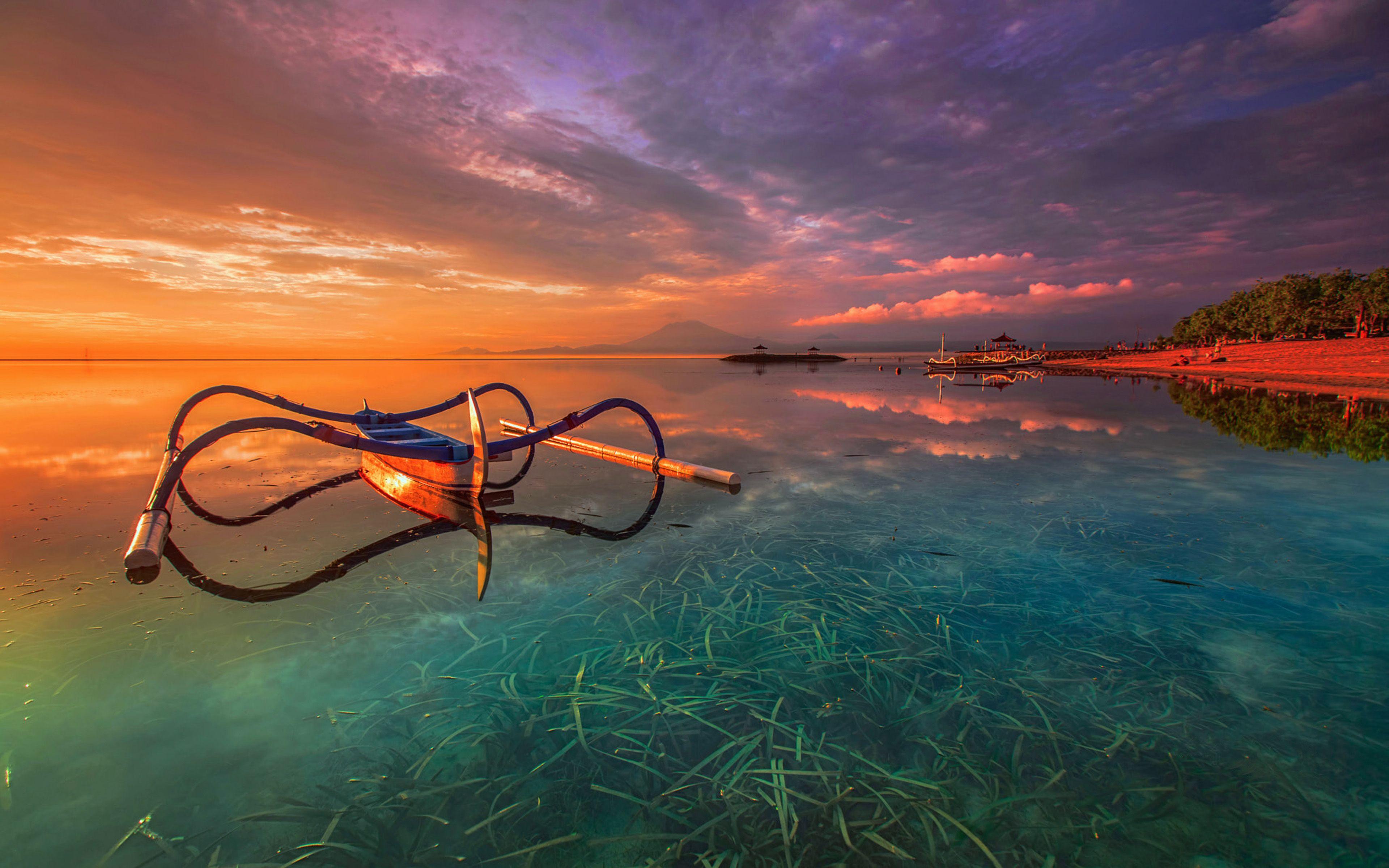 3840x2400 Bali Indonesia Orange Sunset Khanprosire Water Sea Grass Boat