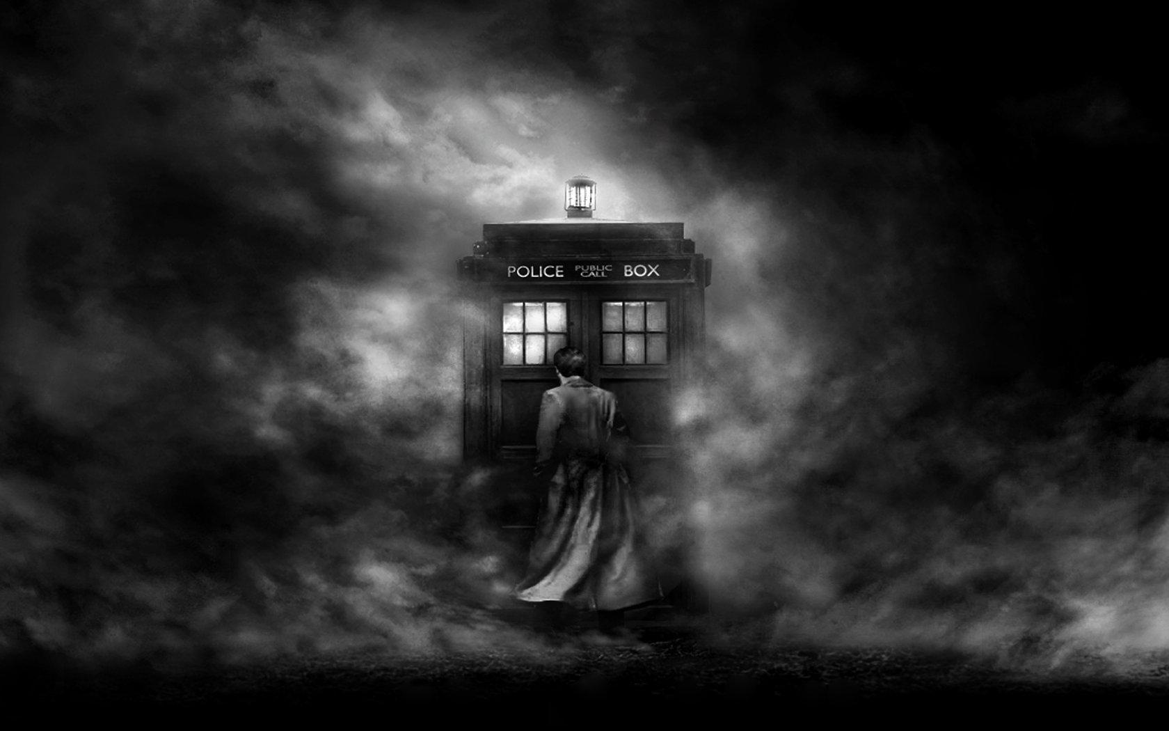 1680x1050 HD Tardis Mist Grayscale Doctor Desktop Photo Wallpaper. Download