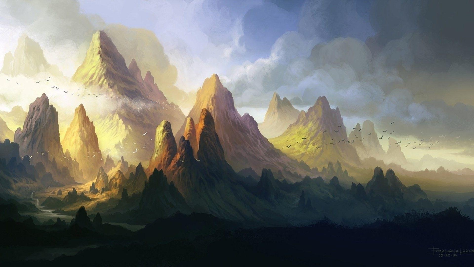 1920x1080 Valley, Samsung, Clouds, ferdinand, Art, Anime Ladera, Birds