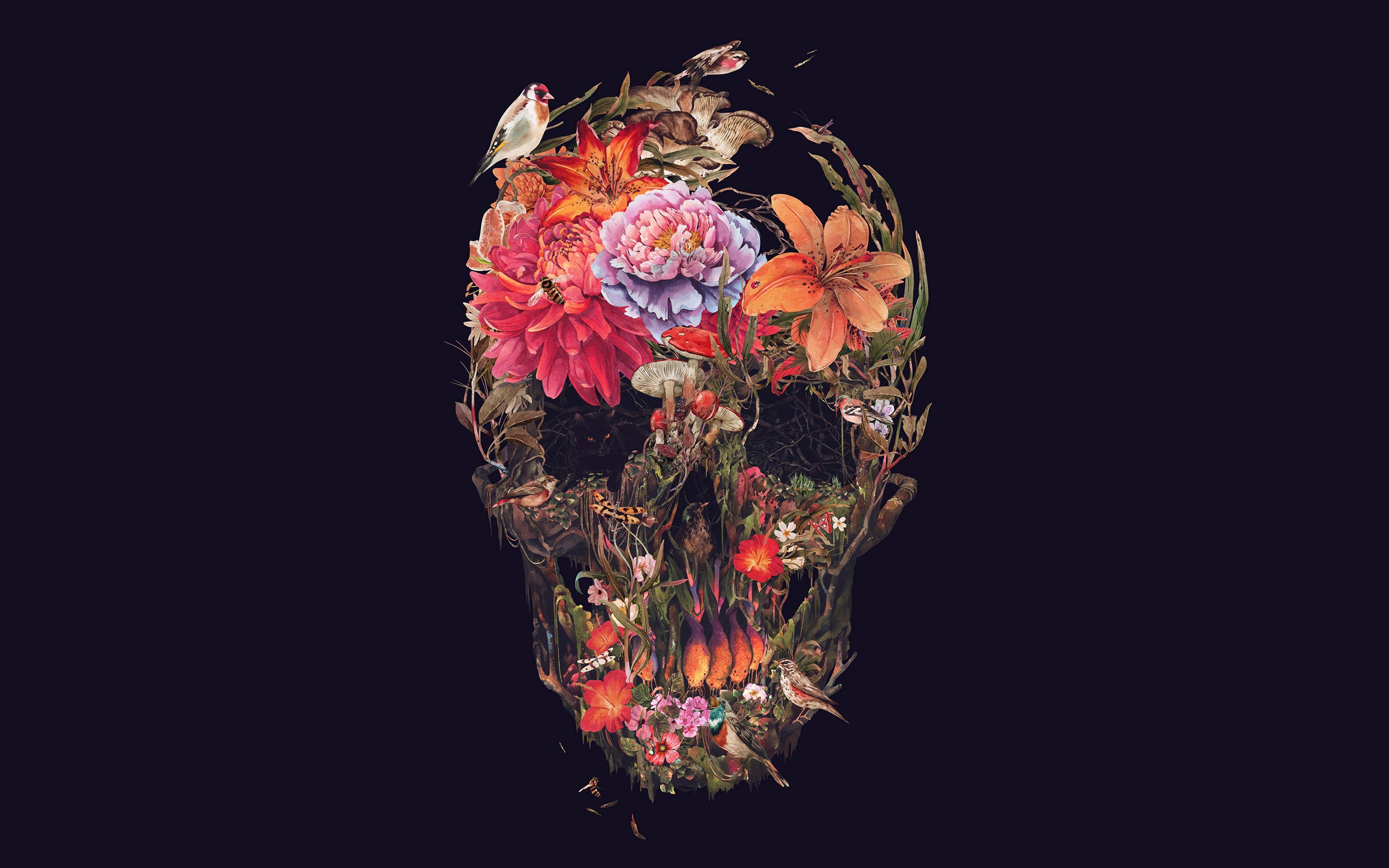 3840x2400 Skull Flower Dark Painting Art Dark Wallpaper