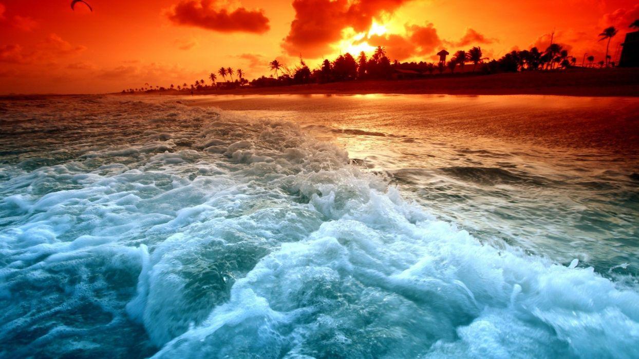 1244x700 Sunset ocean waves palm trees sea beaches wallpaperx1080